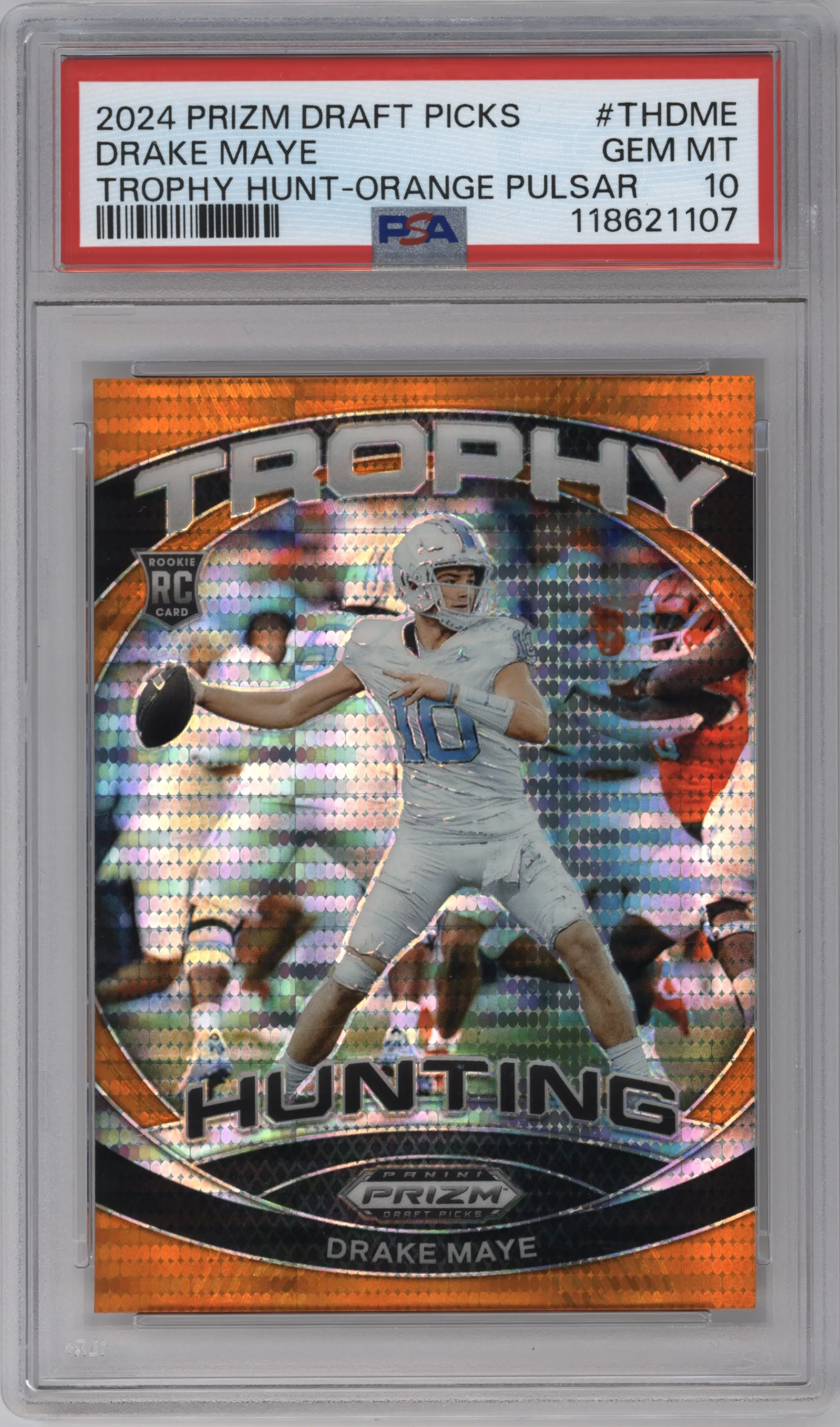 Drake Maye from the 2024 Panini Prizm Draft Picks set featuring a Orange Pulsar parallel graded by PSA and given an overall grade of 10.