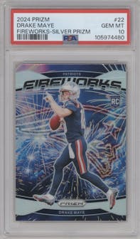 Drake Maye from the 2024 Panini Prizm set featuring a Silver Prizm parallel graded by PSA and given an overall grade of 10.