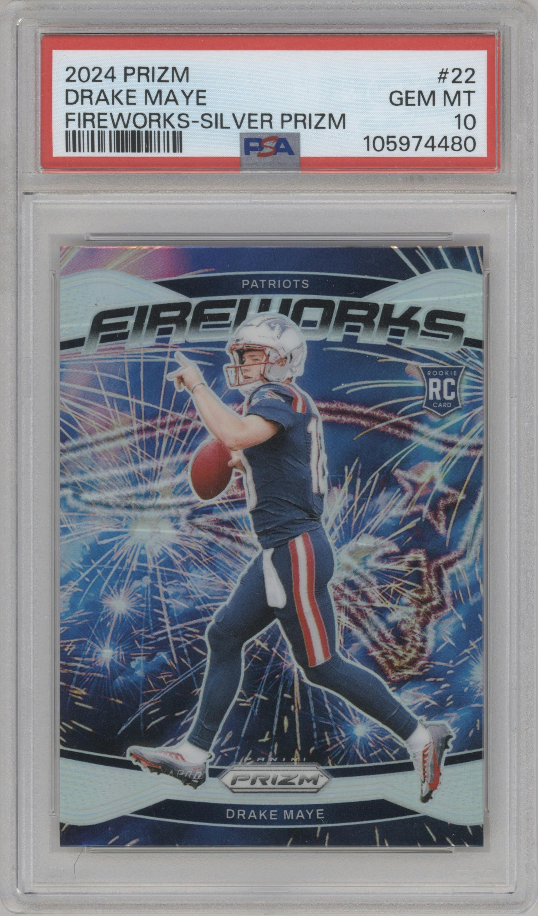 Drake Maye from the 2024 Panini Prizm set featuring a Silver Prizm parallel graded by PSA and given an overall grade of 10.