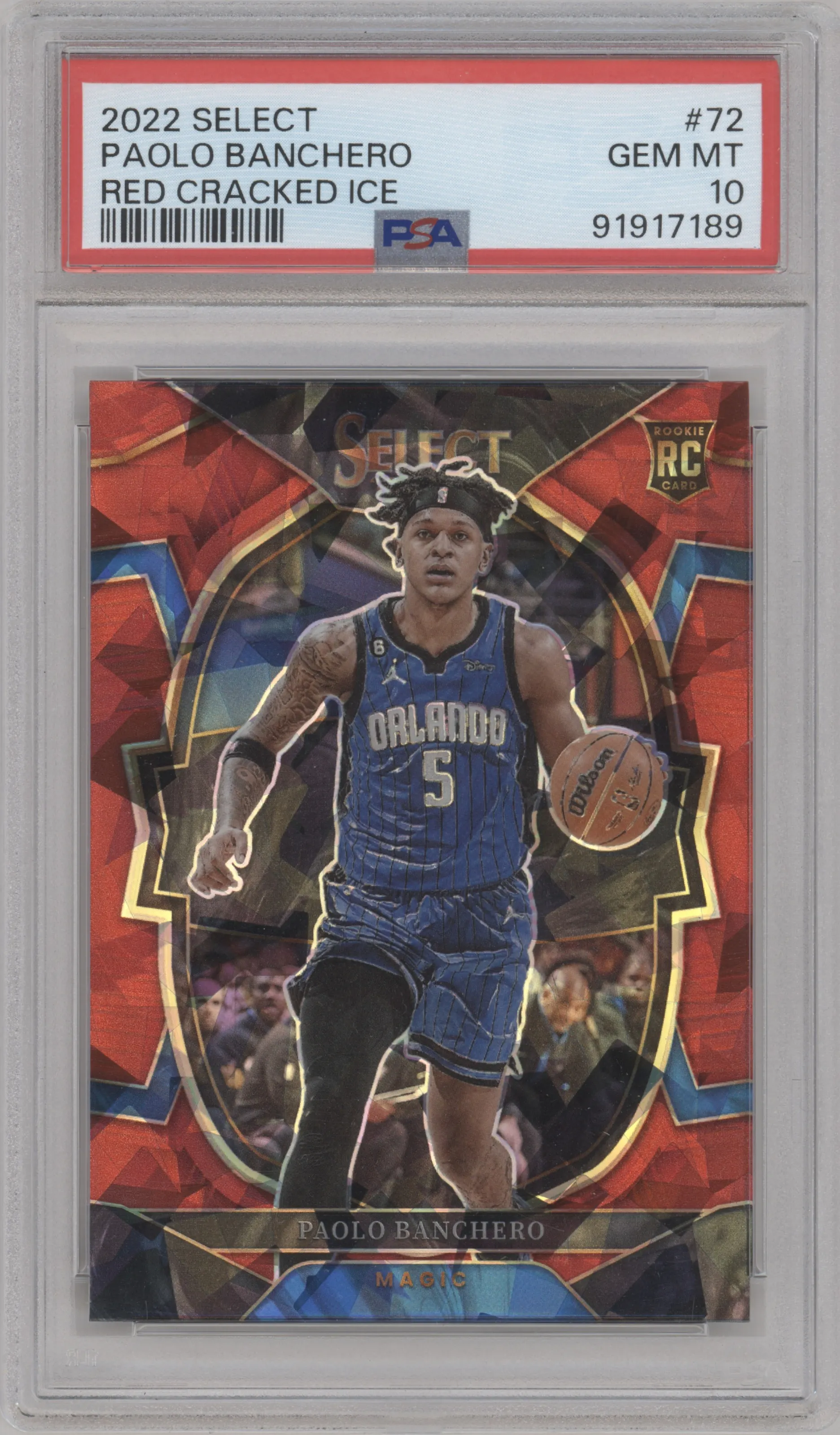 Paolo Banchero from the 2022-23 Panini Select set featuring a Red Cracked Ice parallel graded by PSA and given an overall grade of 10.