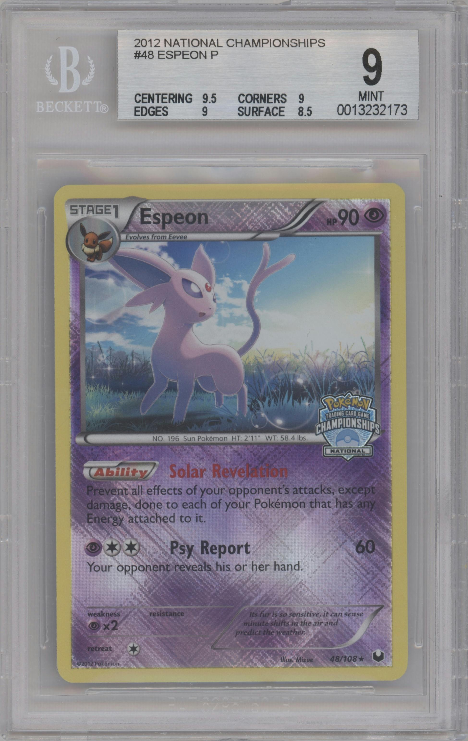 Espeon from the 2012 Pokemon B&W set featuring a National Championships parallel graded by Beckett and given an overall grade of 9.