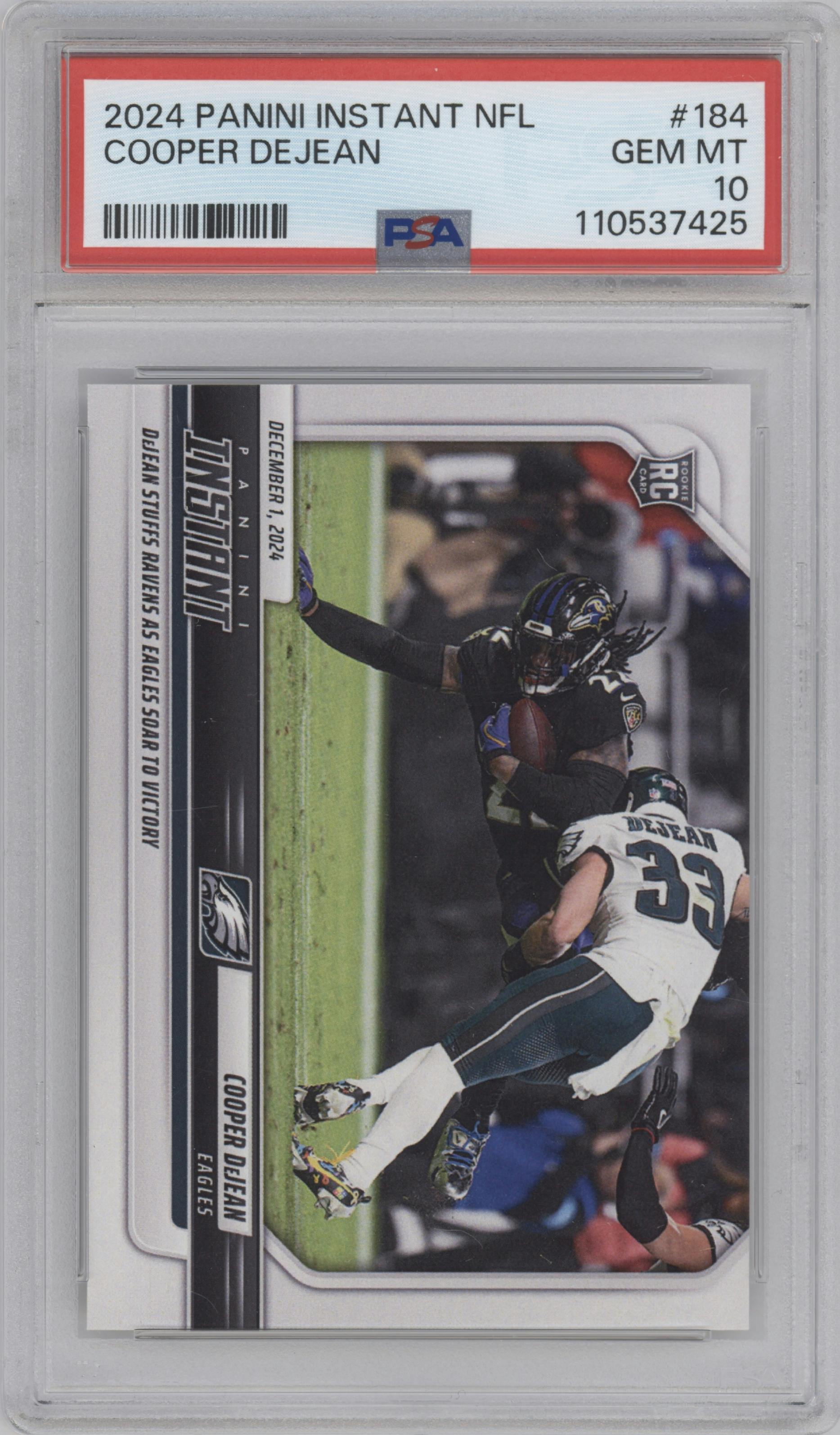 Cooper DeJean from the 2024 Panini Instant NFL set graded by PSA and given an overall grade of 10.