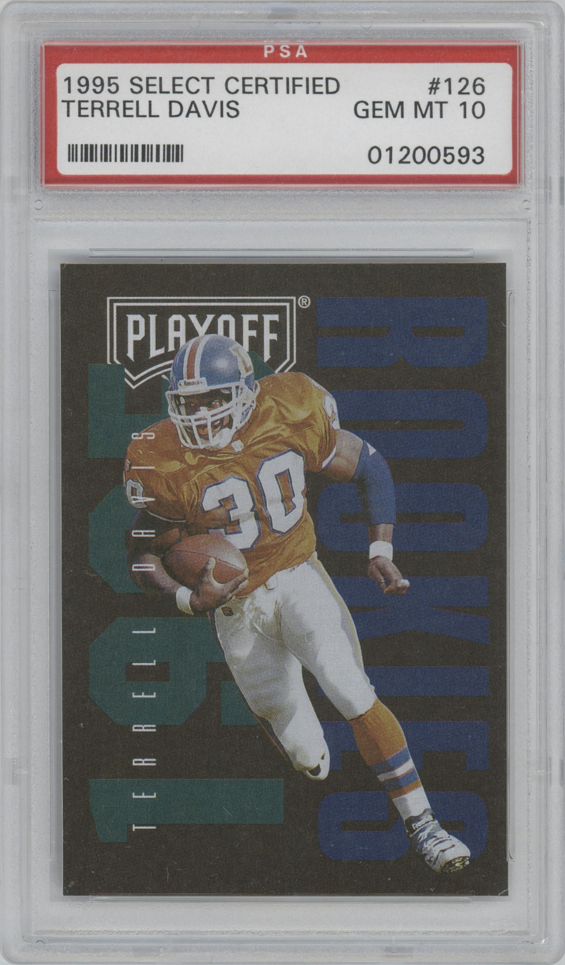 Terrell Davis from the 1995 Playoff Contenders set graded by PSA and given an overall grade of 10.