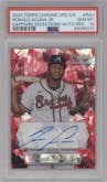 Ronald Acuna Jr. from the 2023 Topps Chrome Update Series Sapphire Edition set featuring a Red parallel graded by PSA and given an overall grade of 10.