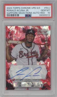 Ronald Acuna Jr. from the 2023 Topps Chrome Update Series Sapphire Edition set featuring a Red parallel graded by PSA and given an overall grade of 10.