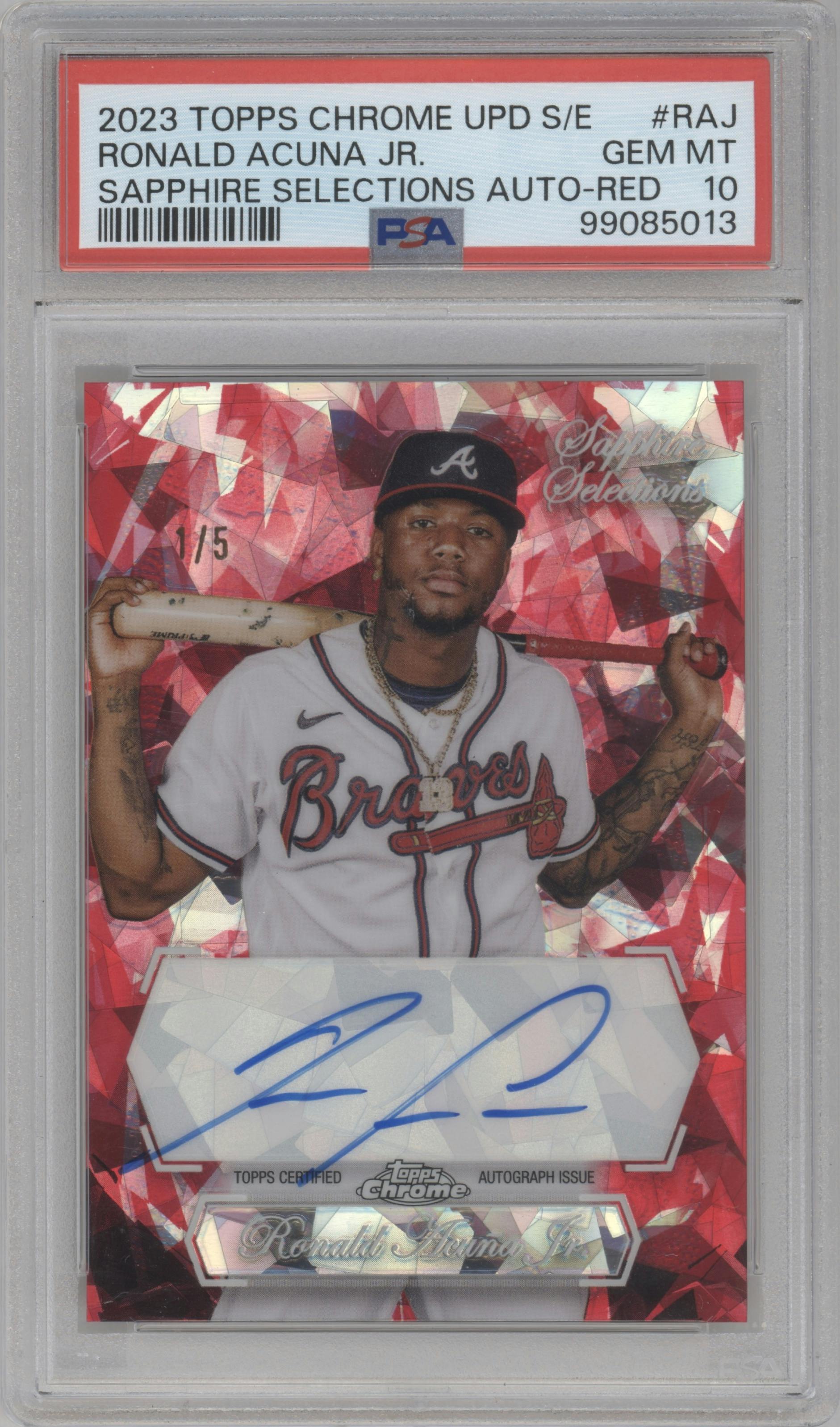 Ronald Acuna Jr. from the 2023 Topps Chrome Update Series Sapphire Edition set featuring a Red parallel graded by PSA and given an overall grade of 10.