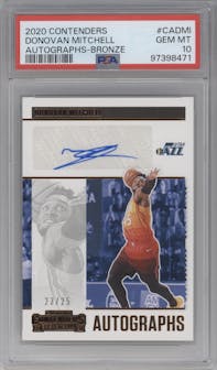 Donovan Mitchell from the 2020-21 Panini Contenders set featuring a Bronze parallel graded by PSA and given an overall grade of 10.