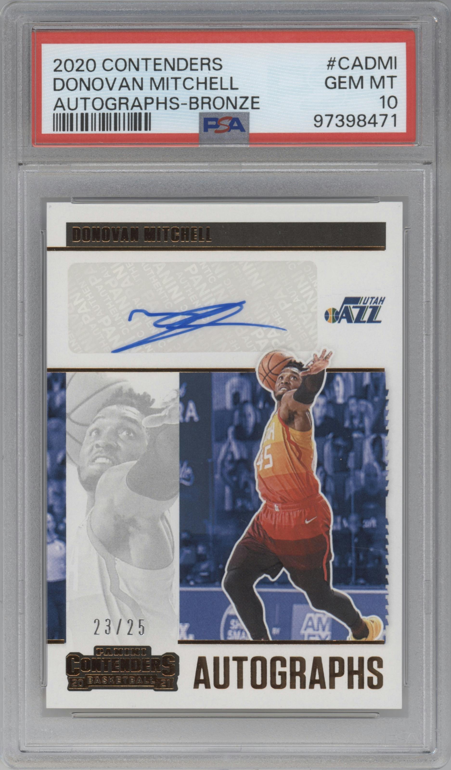 Donovan Mitchell from the 2020-21 Panini Contenders set featuring a Bronze parallel graded by PSA and given an overall grade of 10.
