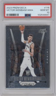 Victor Wembanyama from the 2023-24 Panini Prizm Deca set graded by PSA and given an overall grade of 10.