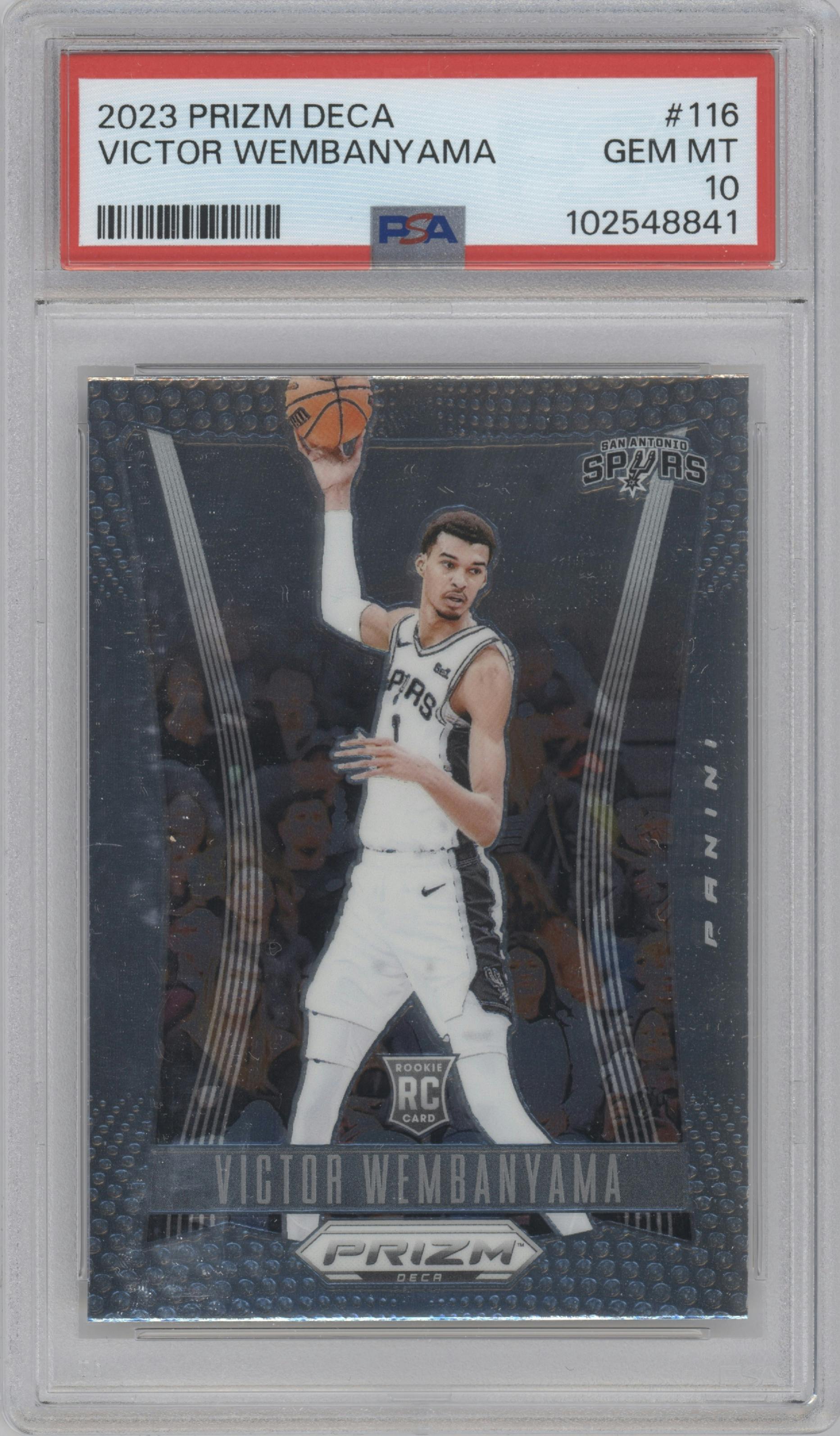 Victor Wembanyama from the 2023-24 Panini Prizm Deca set graded by PSA and given an overall grade of 10.