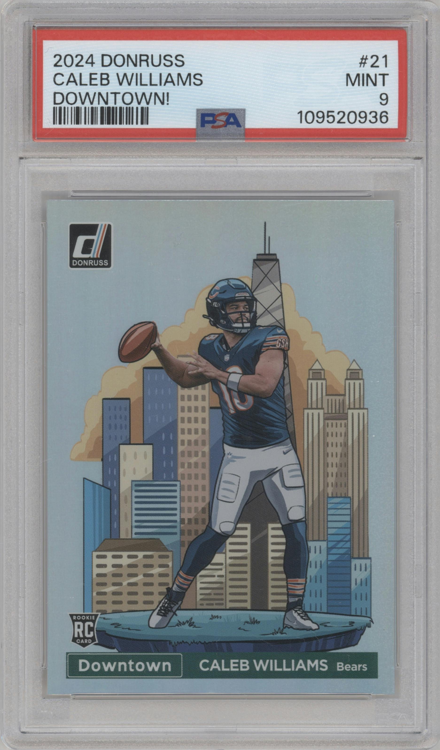 Caleb Williams from the 2024 Donruss set graded by PSA and given an overall grade of 9.