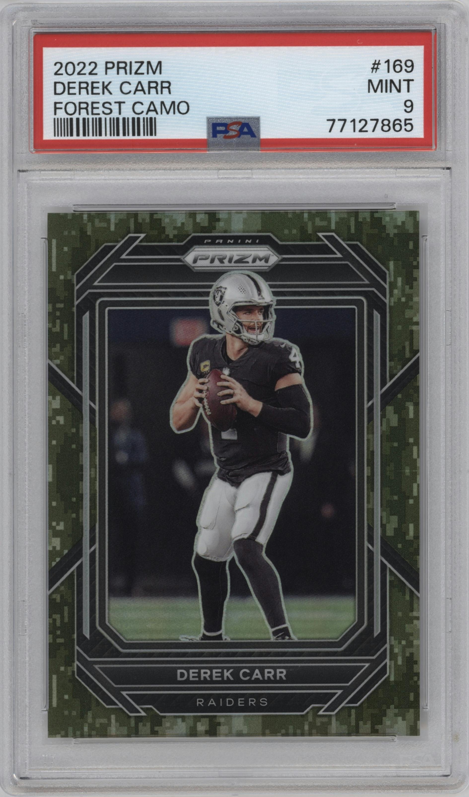 Derek Carr from the 2022 Panini Prizm set featuring a Forest Camo parallel graded by PSA and given an overall grade of 9.