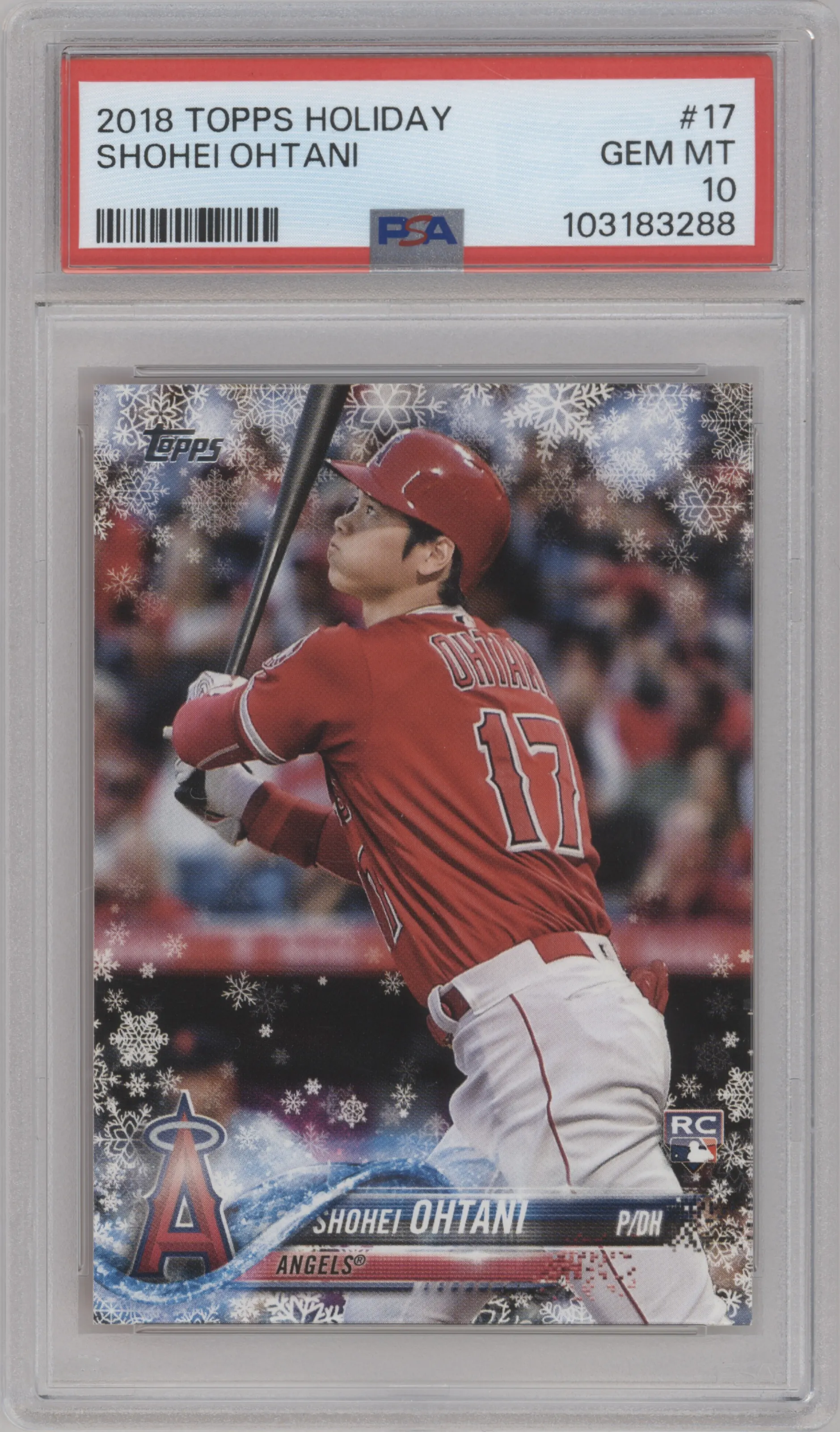 Shohei Ohtani from the 2018 Topps Holiday set graded by PSA and given an overall grade of 10.