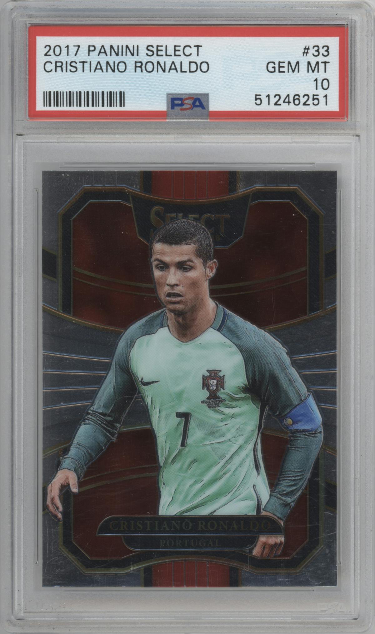 Cristiano Ronaldo from the 2017-18 Panini Select set graded by PSA and given an overall grade of 10.