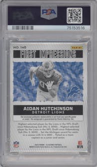 Aidan Hutchinson from the 2022 Panini Illusions set featuring a Red parallel graded by PSA and given an overall grade of 10.