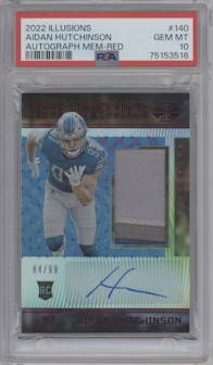 Aidan Hutchinson from the 2022 Panini Illusions set featuring a Red parallel graded by PSA and given an overall grade of 10.