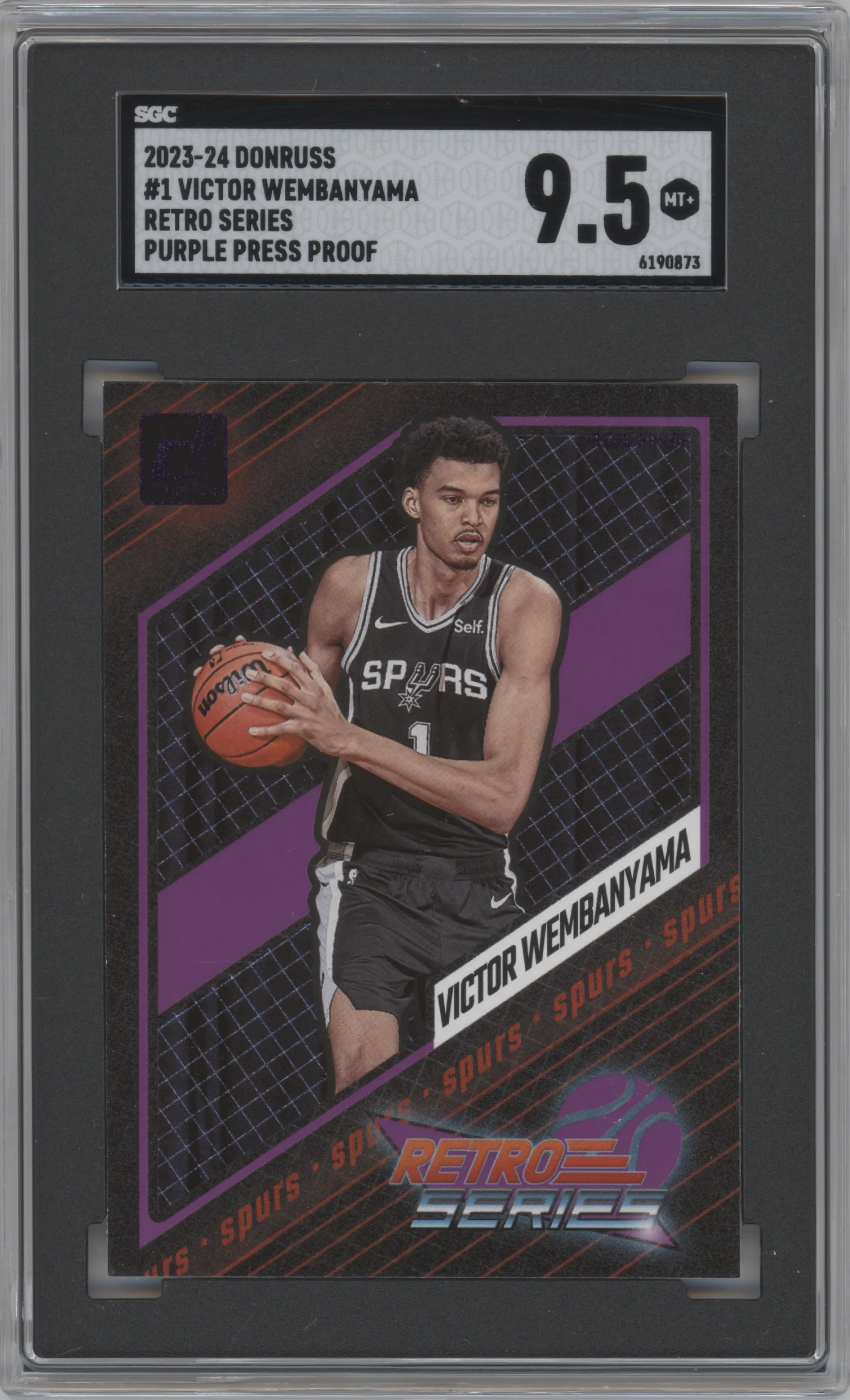 Victor Wembanyama from the 2023-24 Panini Donruss set featuring a Press Proof Purple parallel graded by SGC and given an overall grade of 9.5.