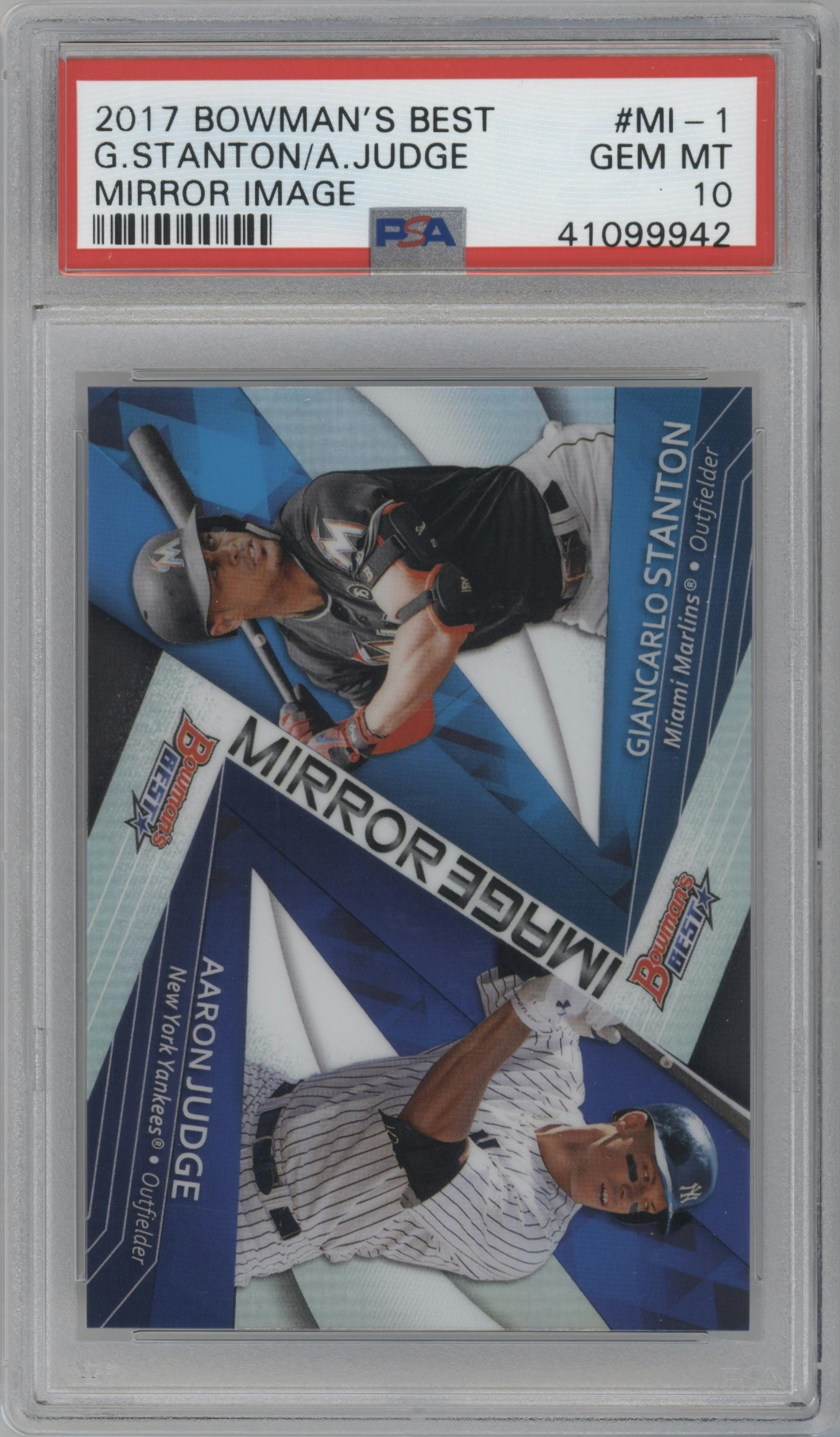 Giancarlo Stanton/Aaron Judge from the 2017 Bowman's Best set graded by PSA and given an overall grade of 10.