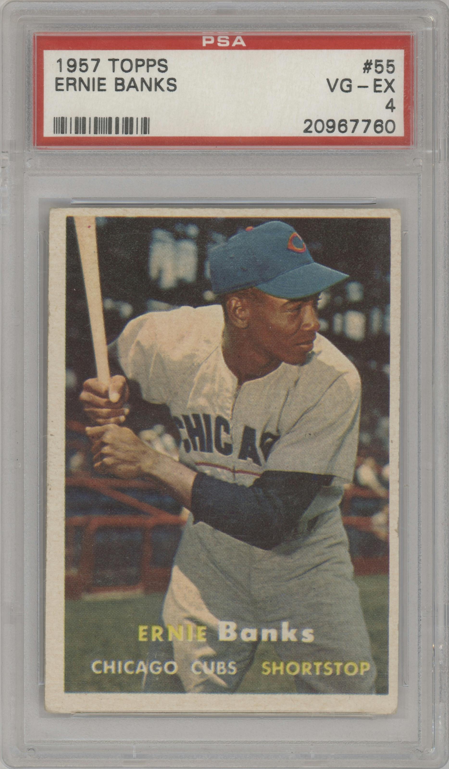 Ernie Banks from the 1957 Topps set graded by PSA and given an overall grade of 4.