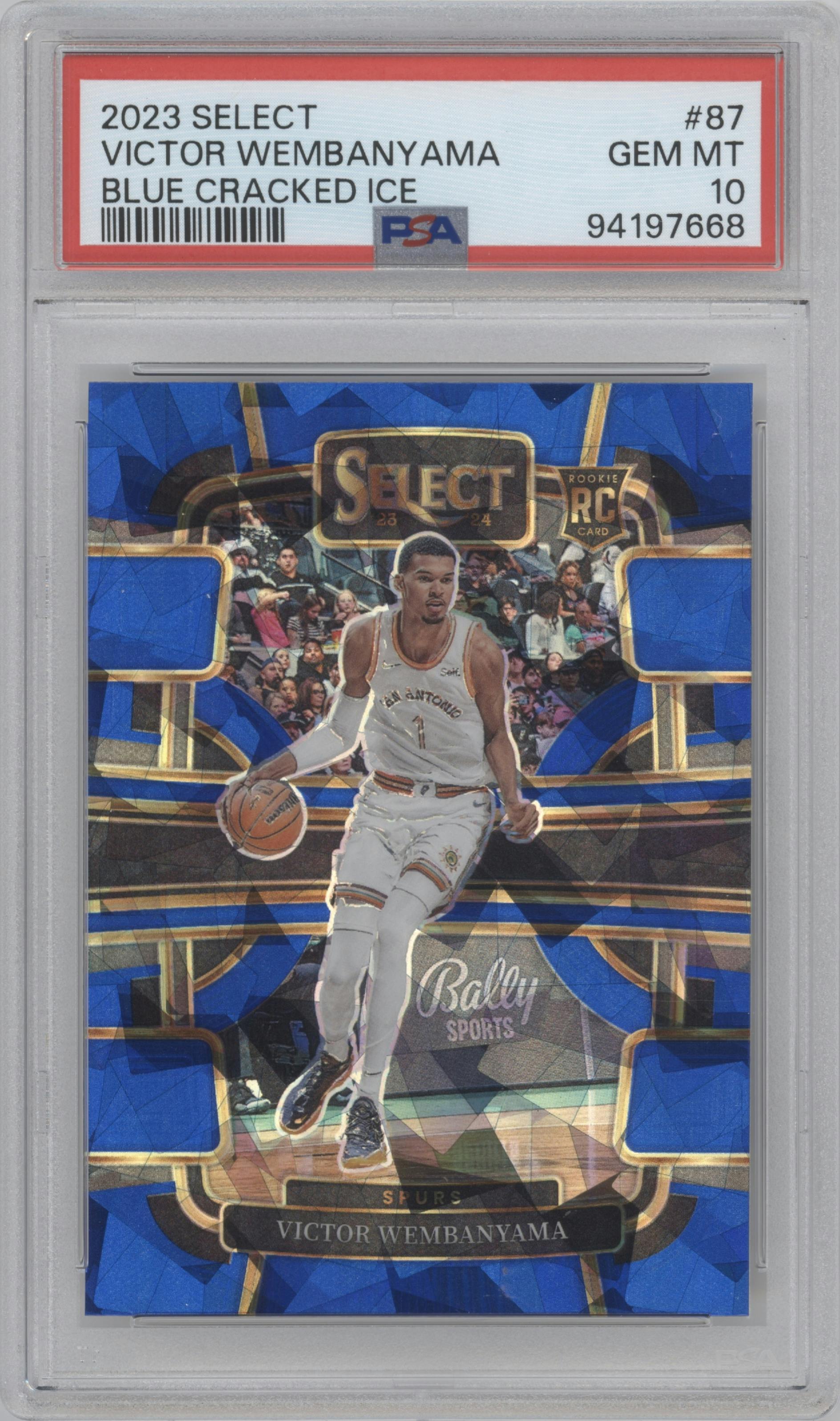 Victor Wembanyama from the 2023-24 Panini Select  set featuring a Blue Cracked Ice parallel graded by PSA and given an overall grade of 10.