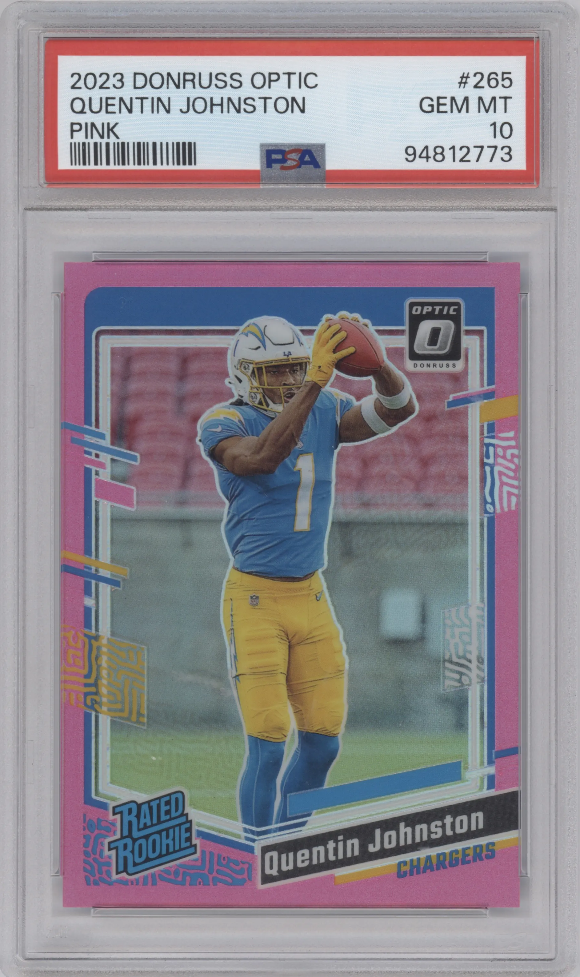 Quentin Johnston from the 2023 Donruss Optic set featuring a Pink parallel graded by PSA and given an overall grade of 10.