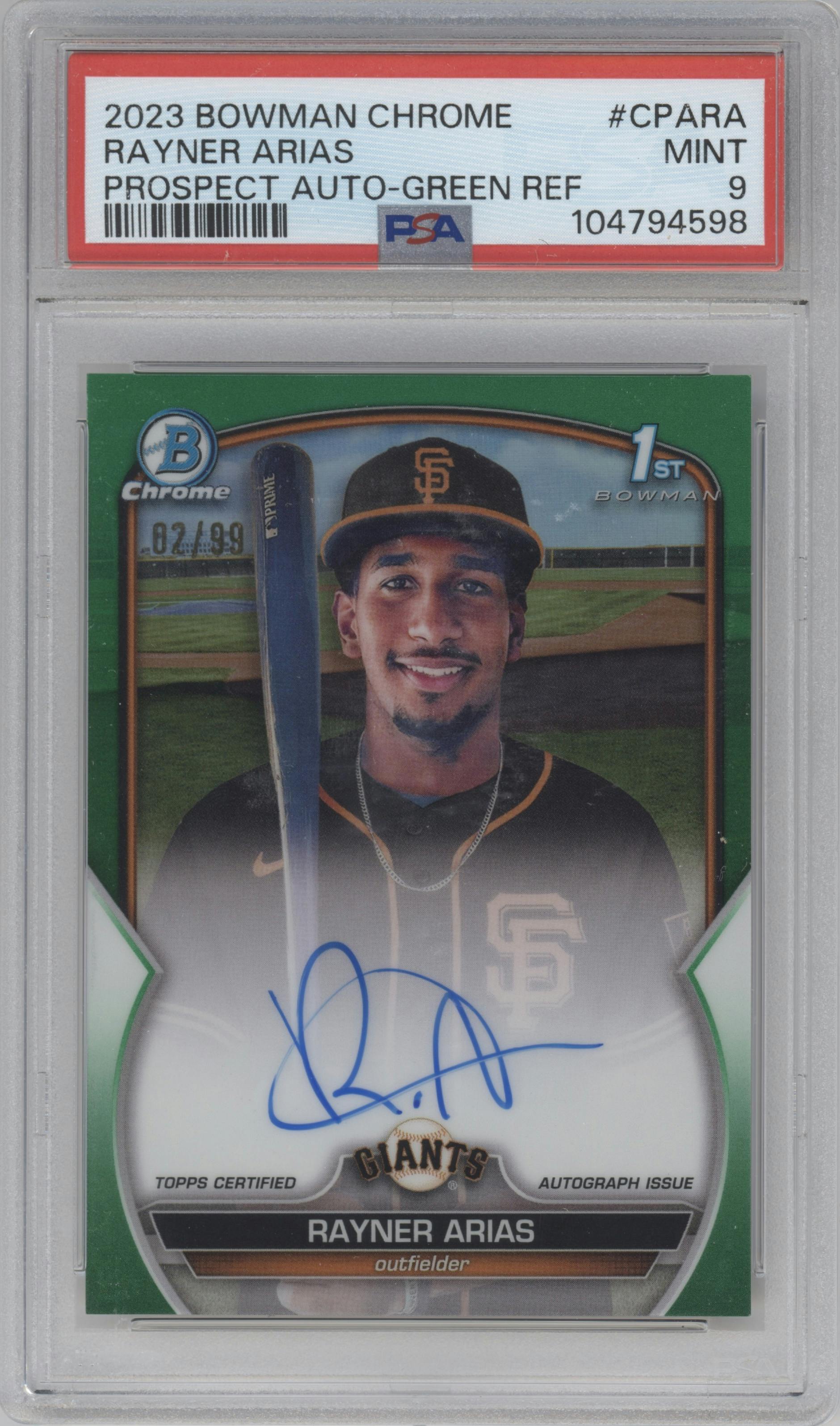 Rayner Arias from the 2023 Bowman Chrome set featuring a Green Refractor parallel graded by PSA and given an overall grade of 9.