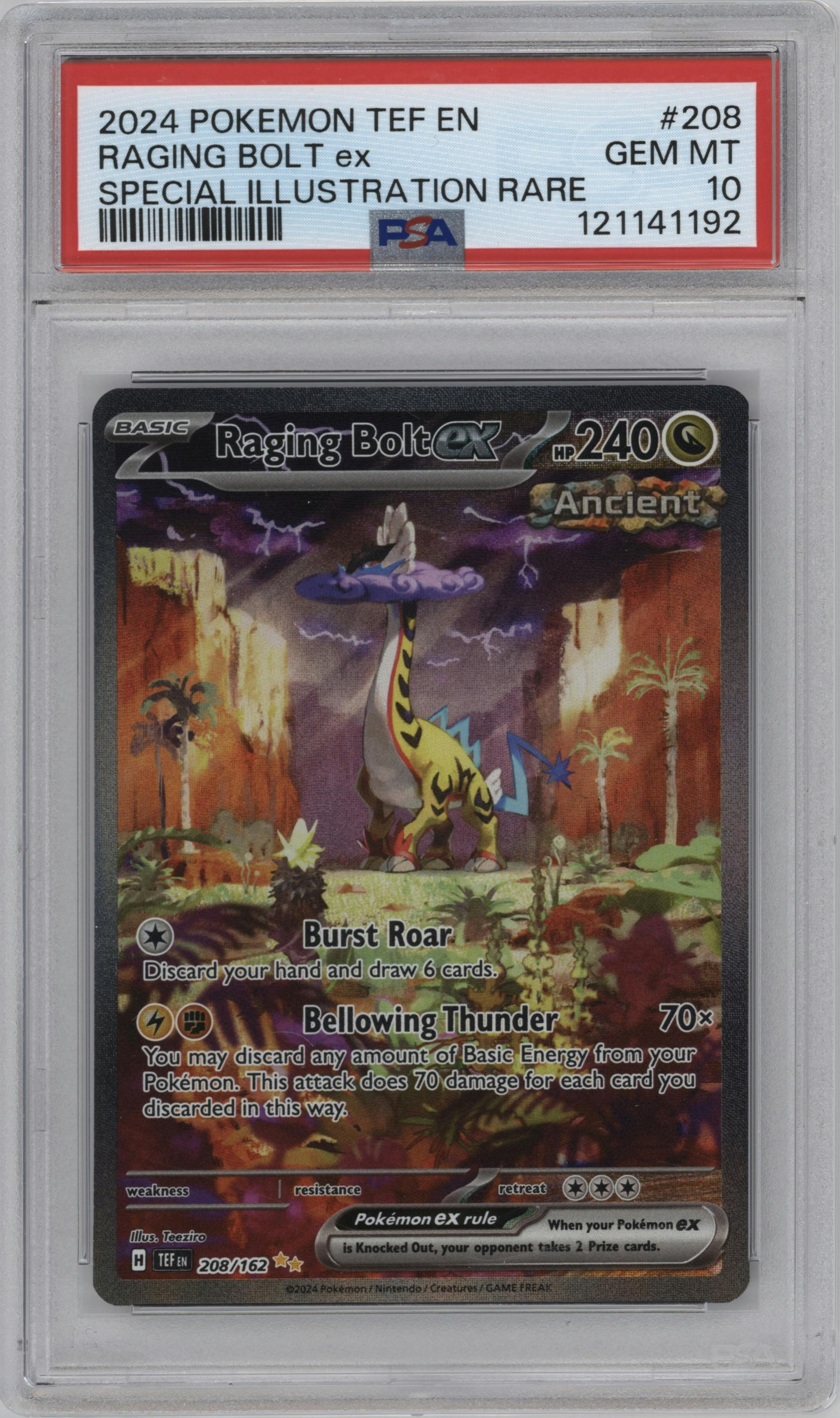 Raging Bolt ex from the 2024 Pokemon SV set graded by PSA and given an overall grade of 10.
