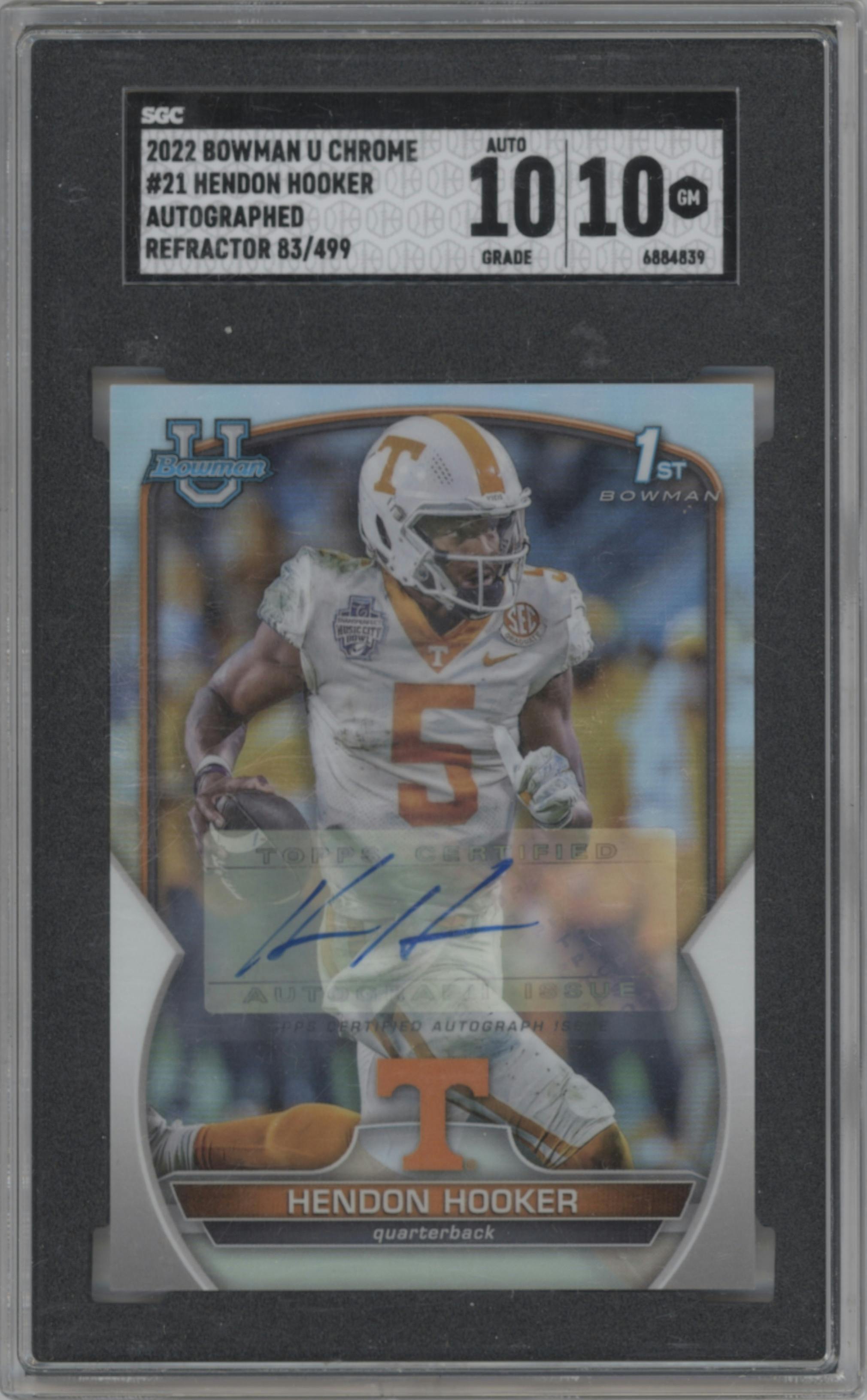Hendon Hooker from the 2022 Bowman University Chrome set featuring a Refractor parallel graded by SGC and given an overall grade of 10.