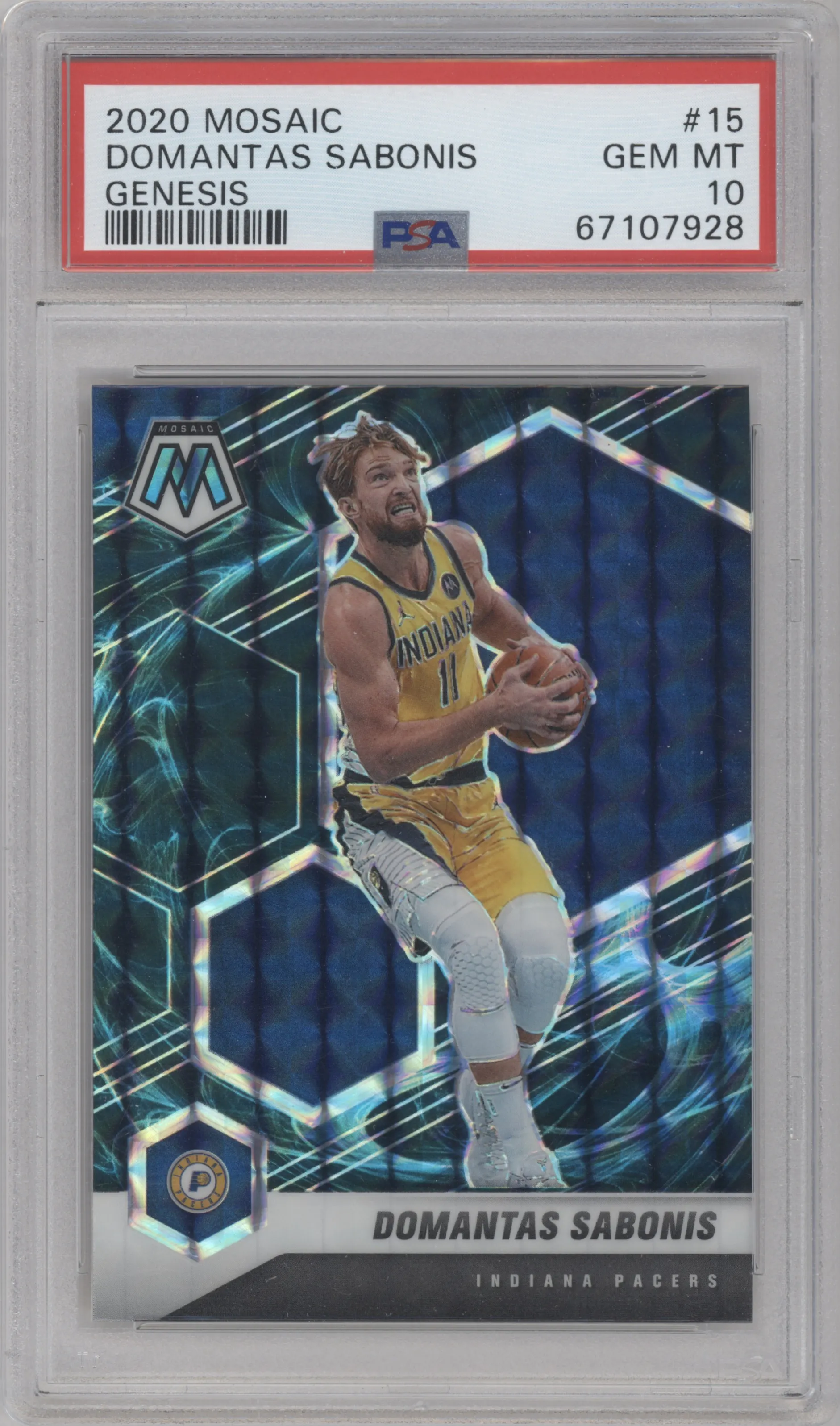Domantas Sabonis from the 2020-21 Panini Mosaic set featuring a Genesis  parallel graded by PSA and given an overall grade of 10.