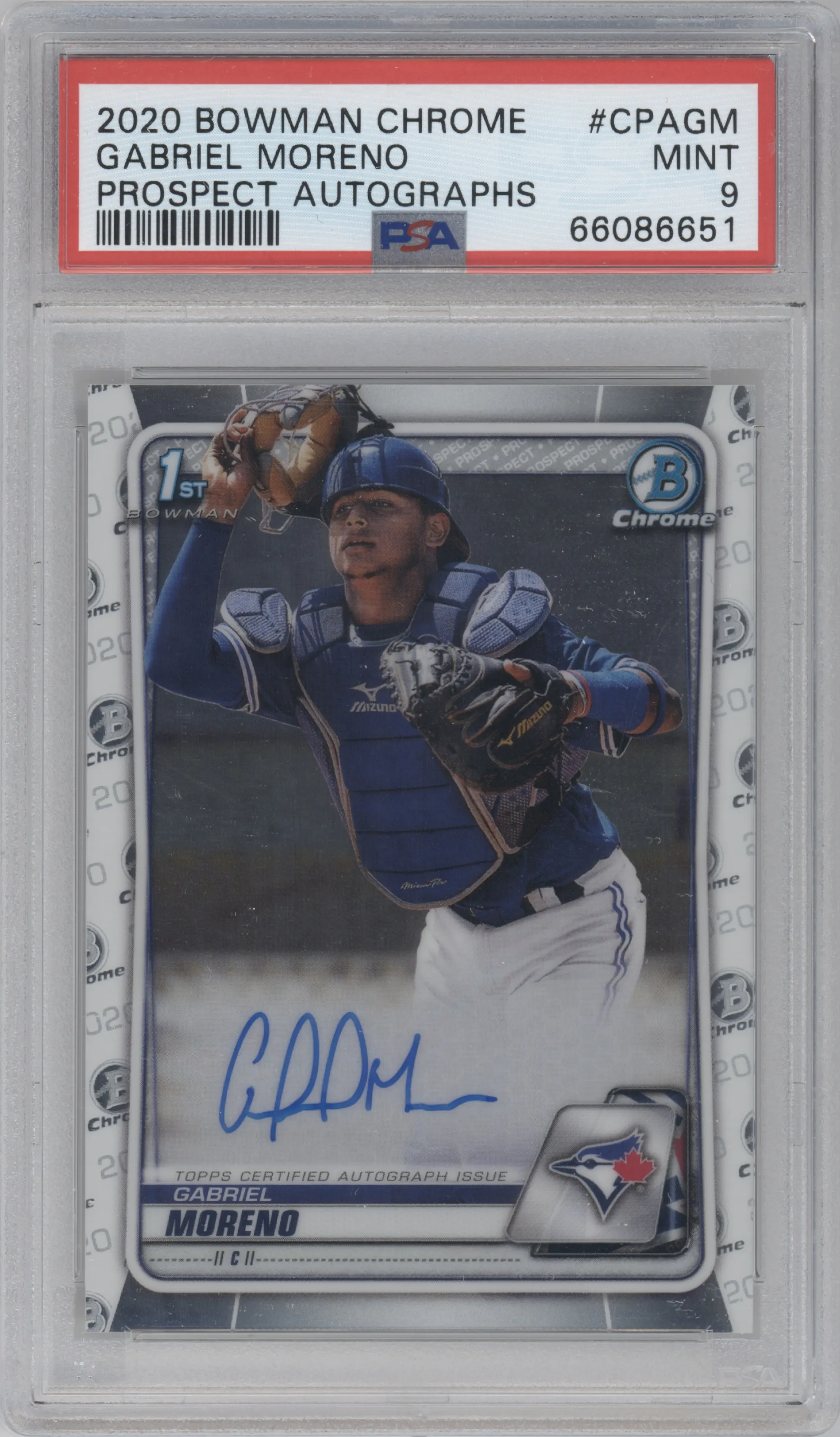 Gabriel Moreno from the 2020 Bowman Chrome set graded by PSA and given an overall grade of 9.