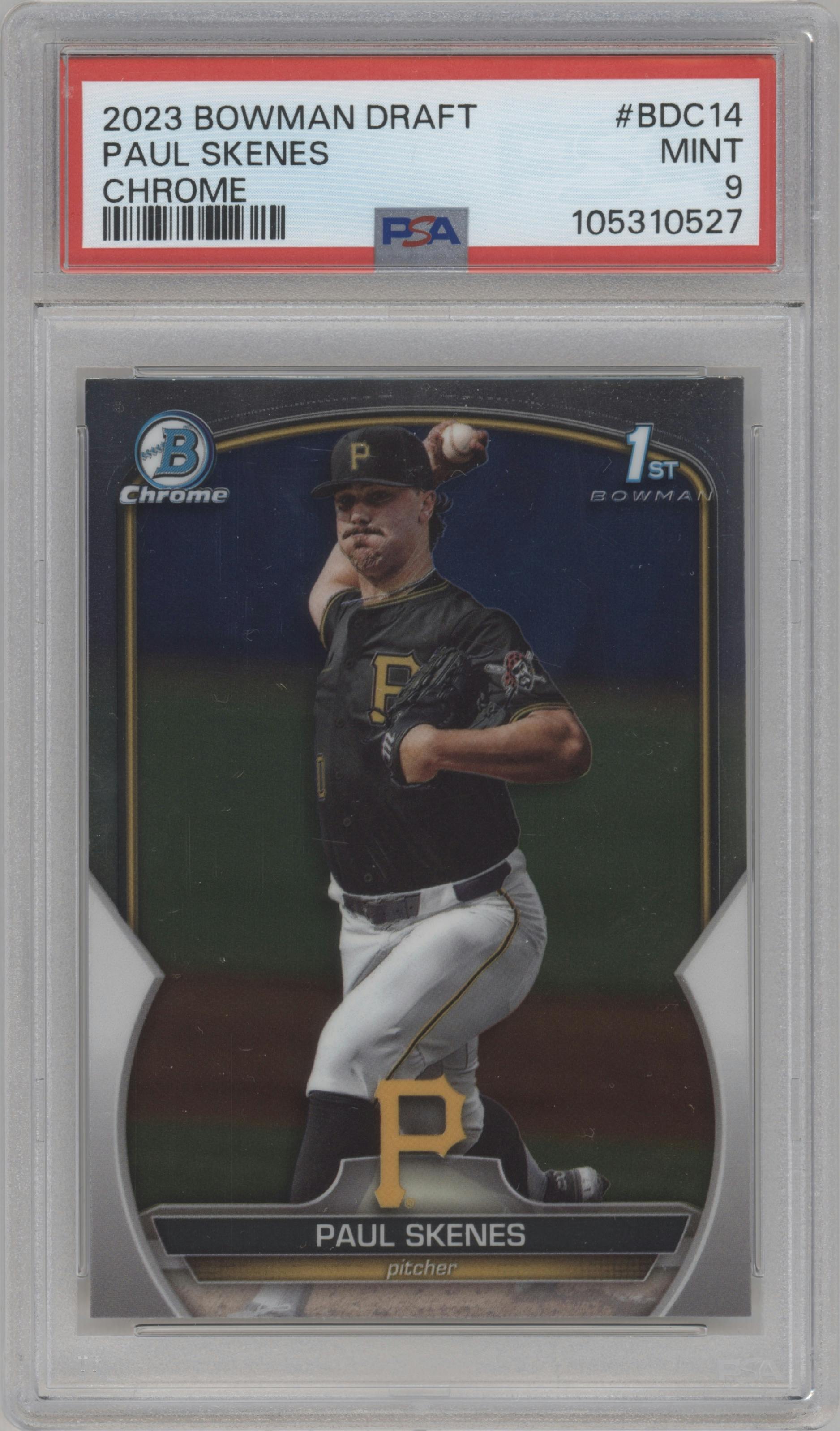 Paul Skenes from the 2023 Bowman Draft set graded by PSA and given an overall grade of 9.