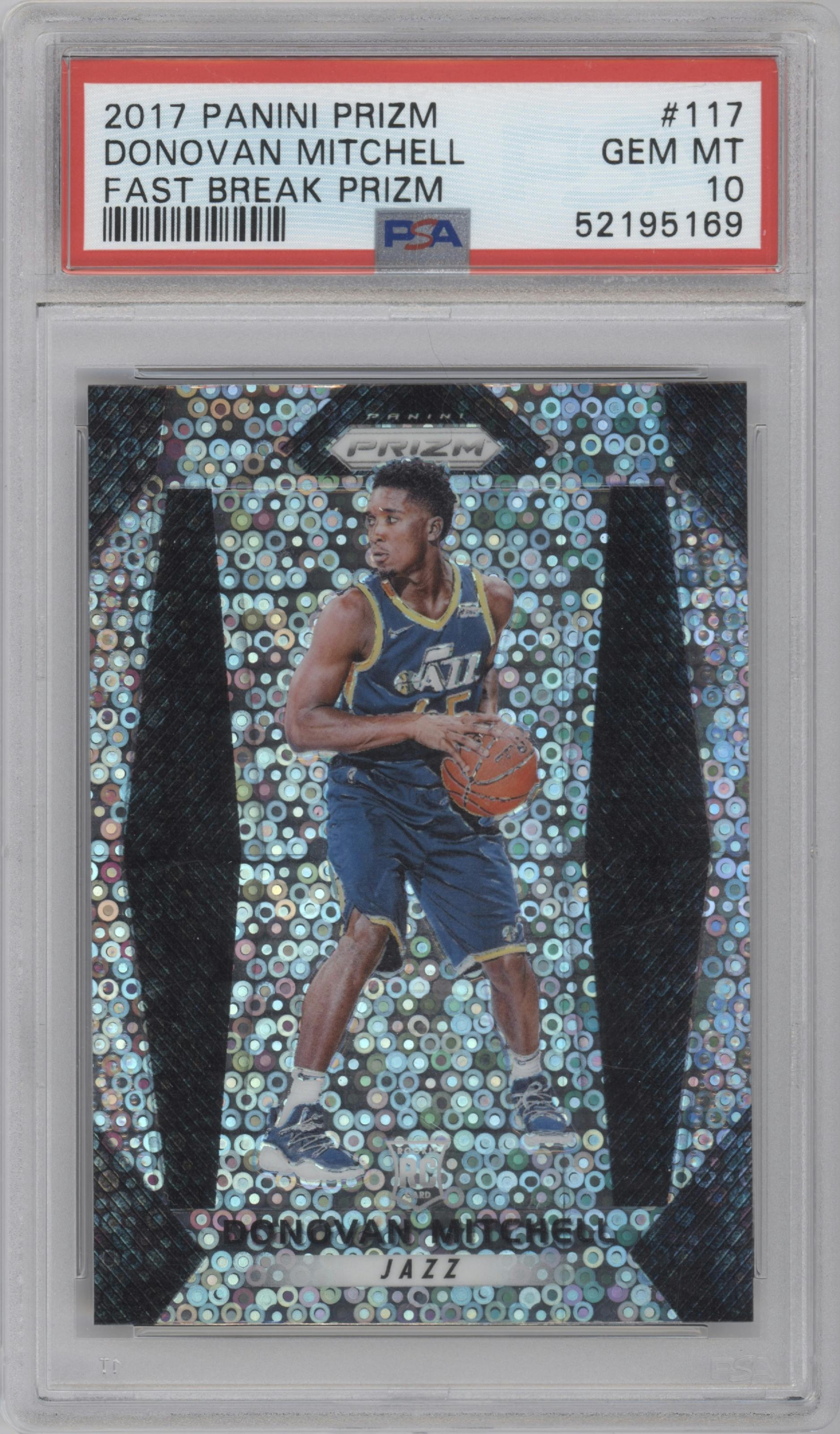 Donovan Mitchell from the 2017-18 Panini Prizm  set featuring a Fast Break  parallel graded by PSA and given an overall grade of 10.