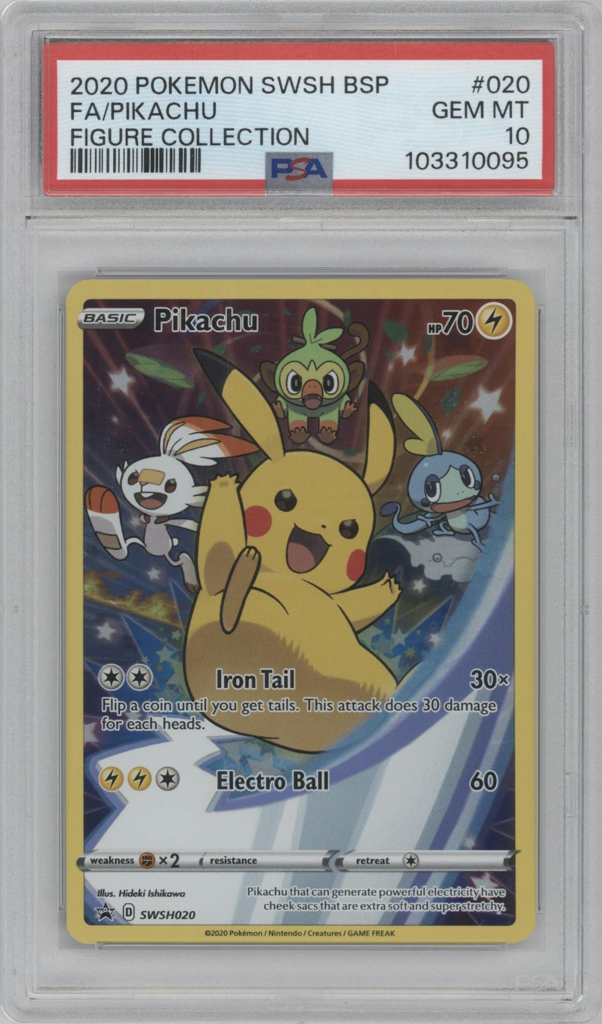 Pikachu from the 2020 Pokemon SWSH set featuring a SWSH Figure Collection parallel graded by PSA and given an overall grade of 10.