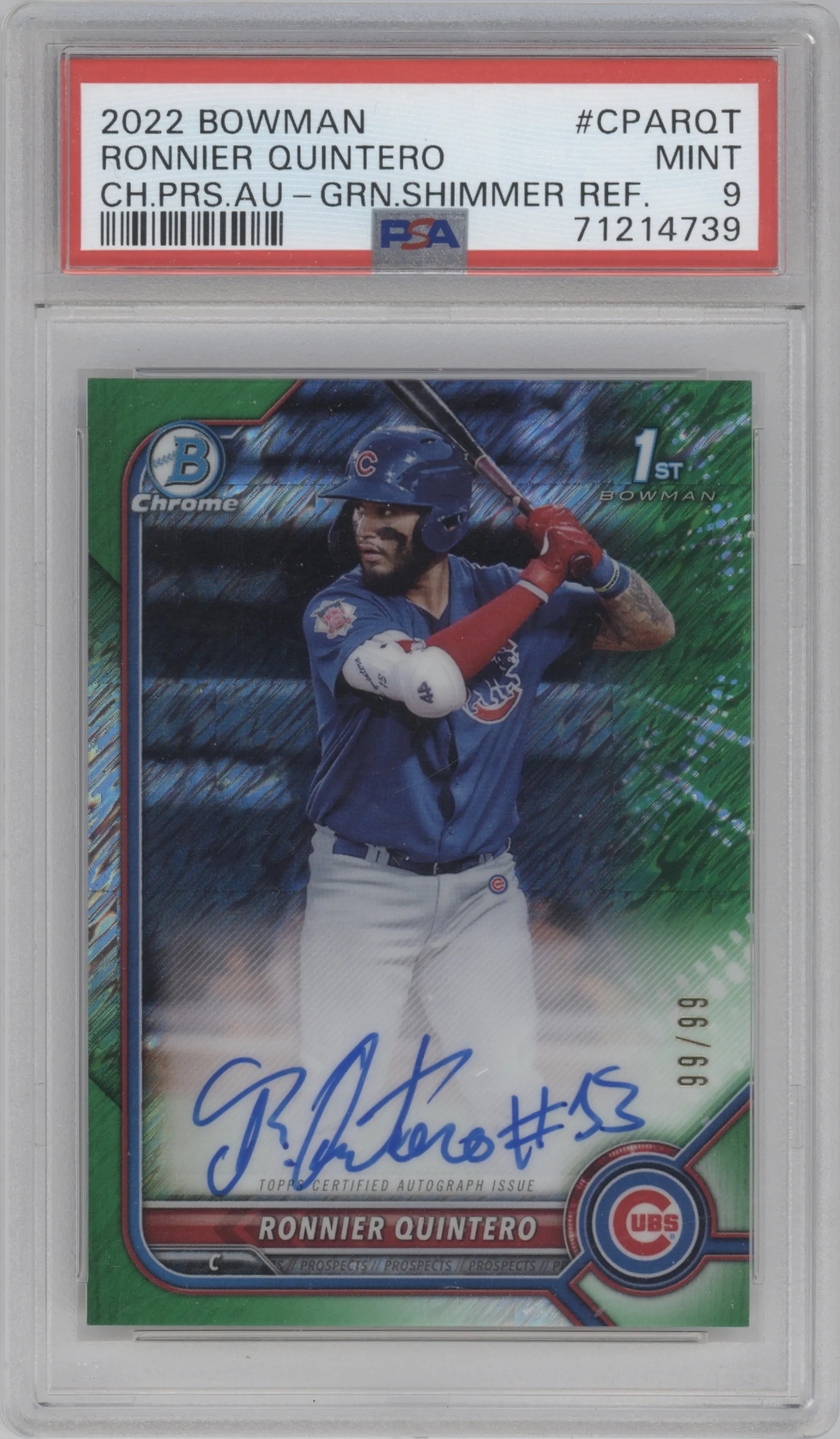 Ronnier Quintero from the 2022 Bowman set featuring a Green Shimmer Refractor parallel graded by PSA and given an overall grade of 9.