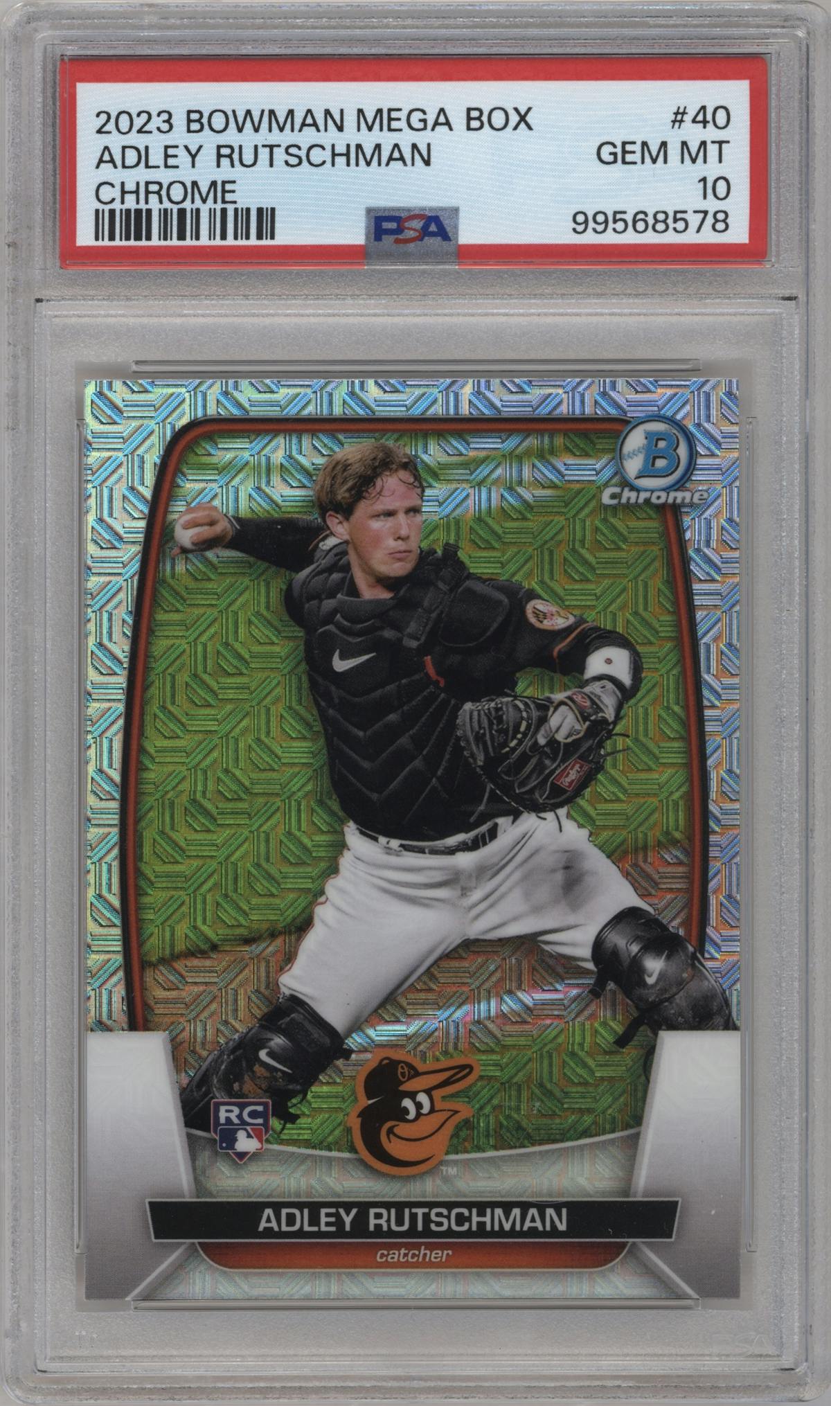 Adley Rutschman from the 2023 Bowman Mega Box set graded by PSA and given an overall grade of 10.