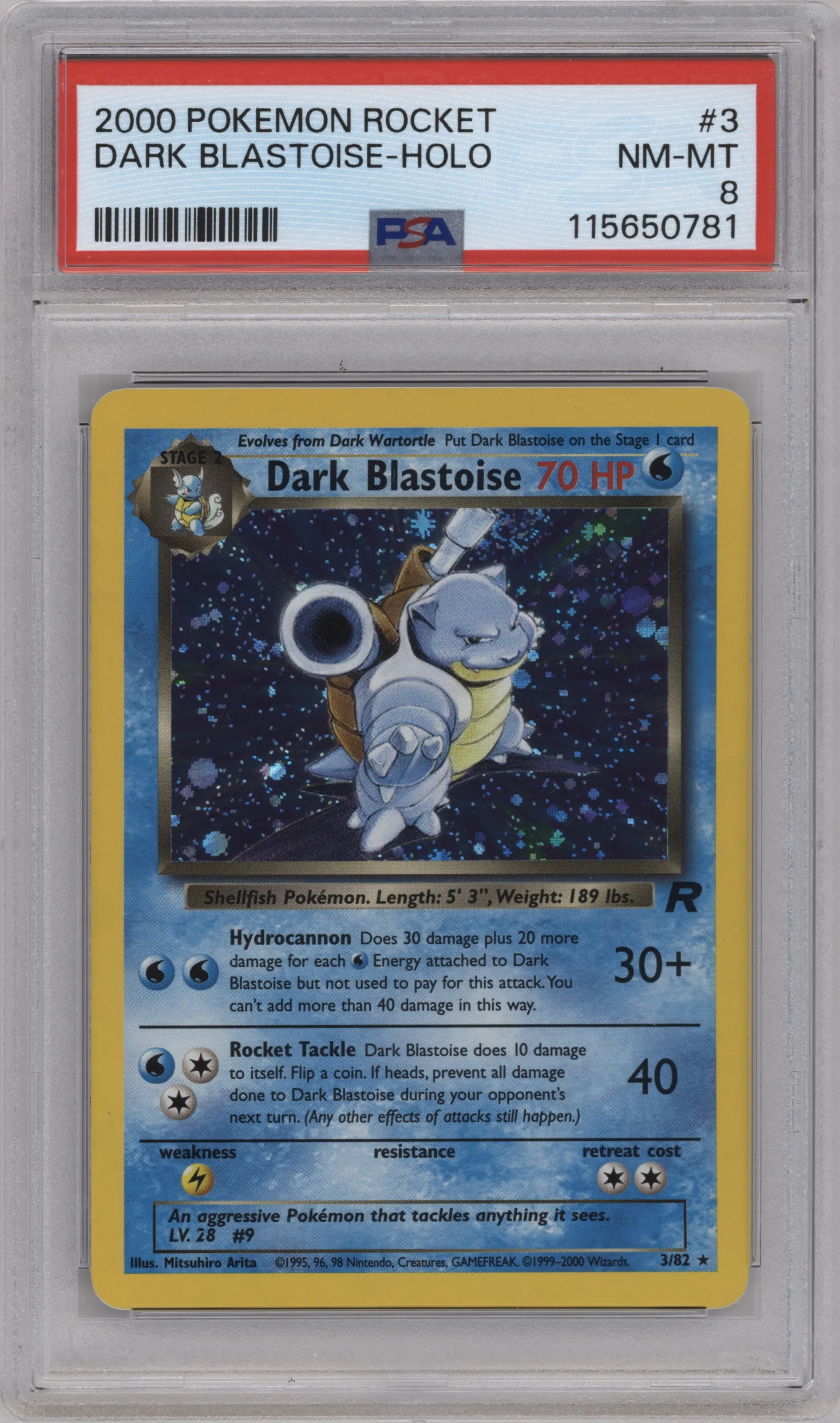 Dark Blastoise from the 2000 Pokemon set graded by PSA and given an overall grade of 8.