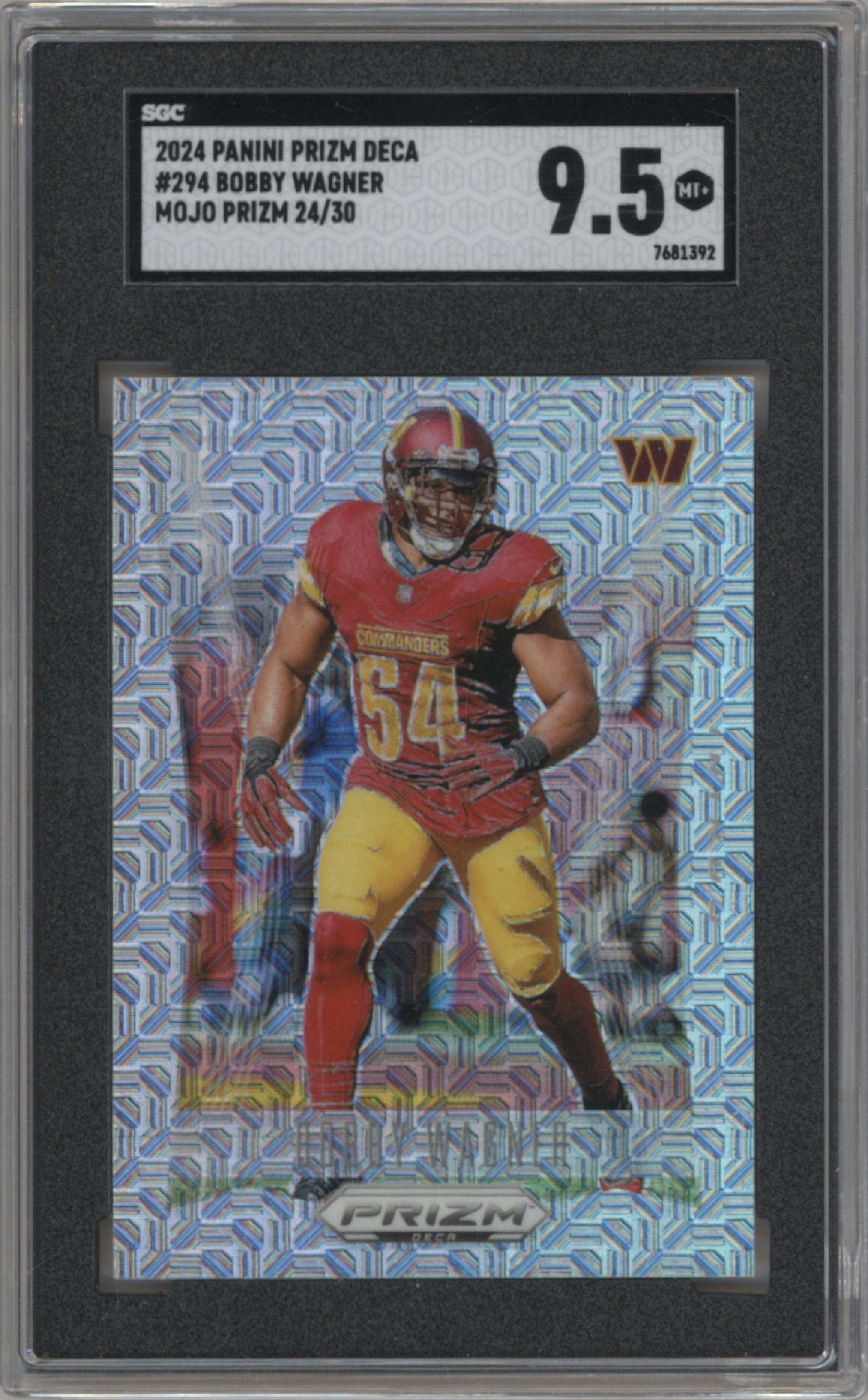 Bobby Wagner from the 2024 Panini Prizm Deca set featuring a Mojo Prizm parallel graded by SGC and given an overall grade of 9.5.