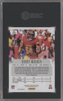 Bobby Wagner from the 2024 Panini Prizm Deca set featuring a Mojo Prizm parallel graded by SGC and given an overall grade of 9.5.