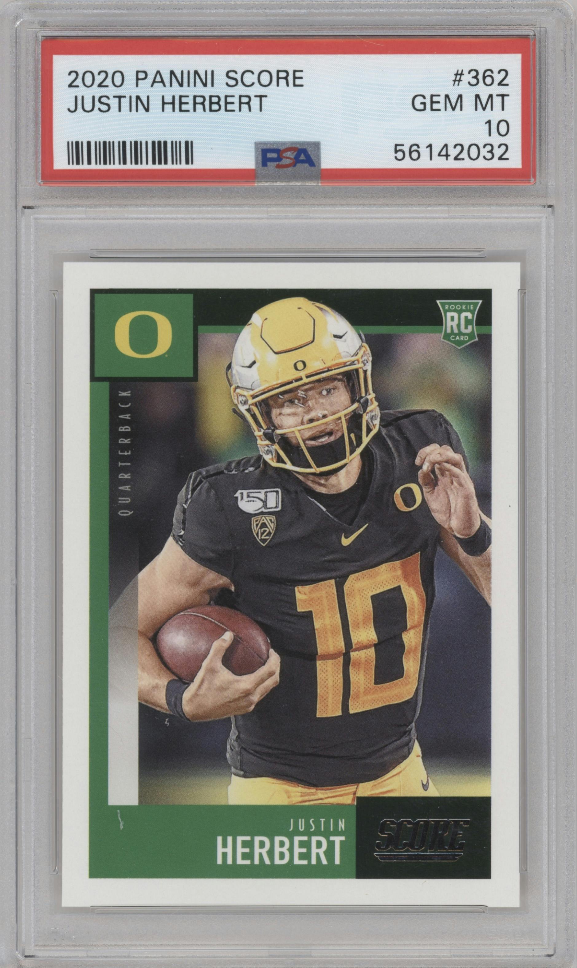 Justin Herbert from the 2020 Panini Score set graded by PSA and given an overall grade of 10.
