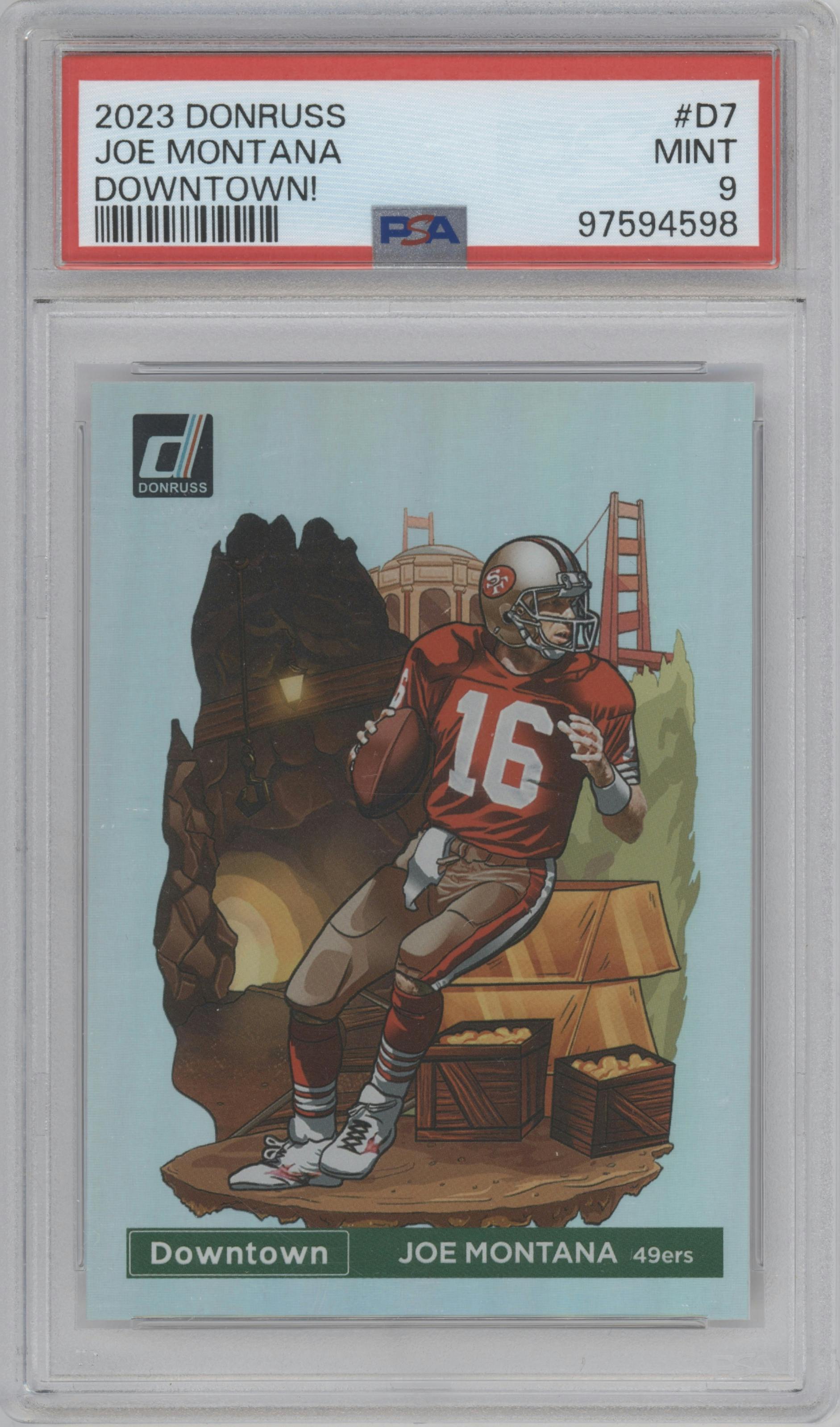 Joe Montana from the 2023 Panini Donruss set graded by PSA and given an overall grade of 9.