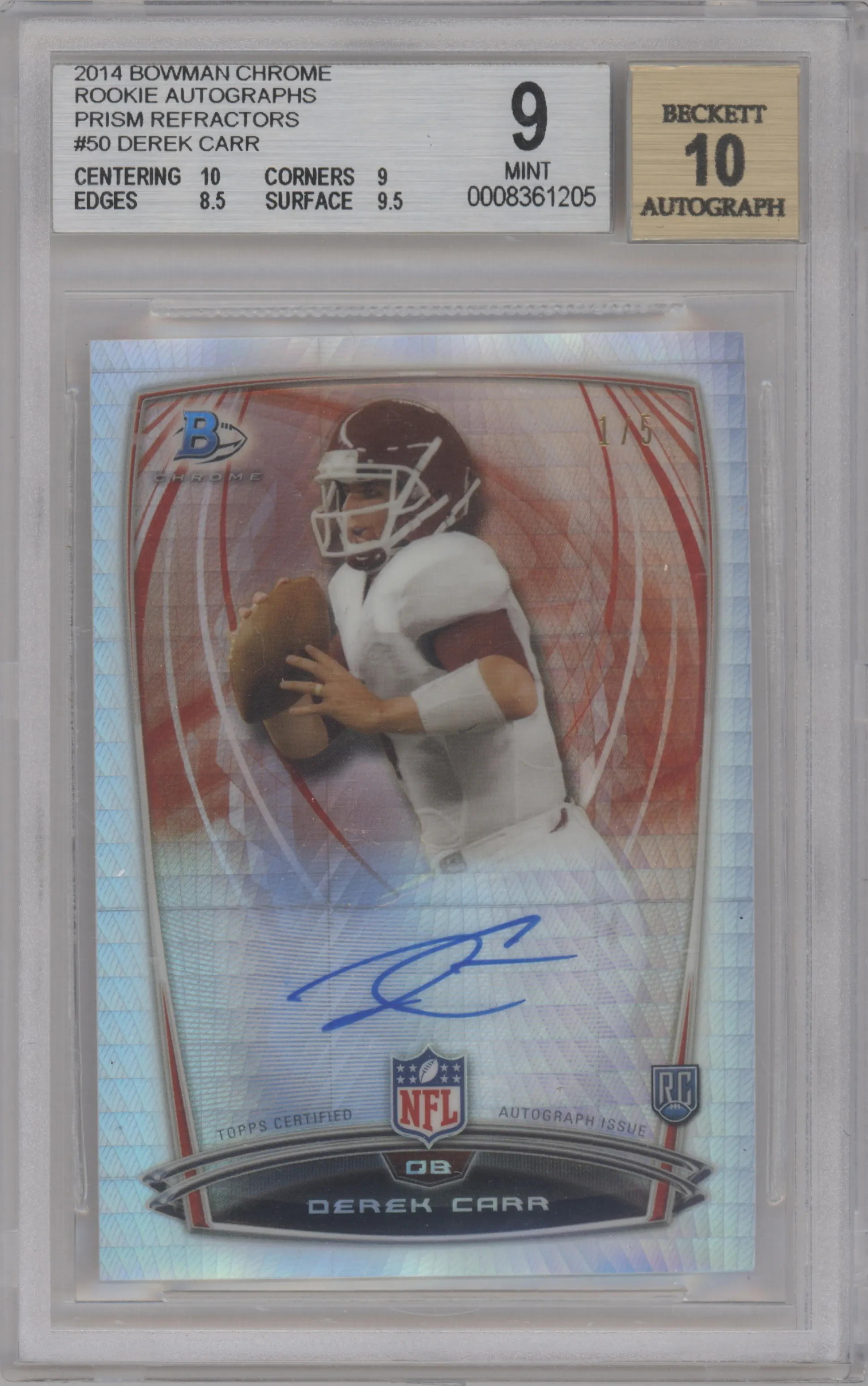 2014 Bowman Chr.Rke.Auto Derek Carr Prism Refractor BGS 9