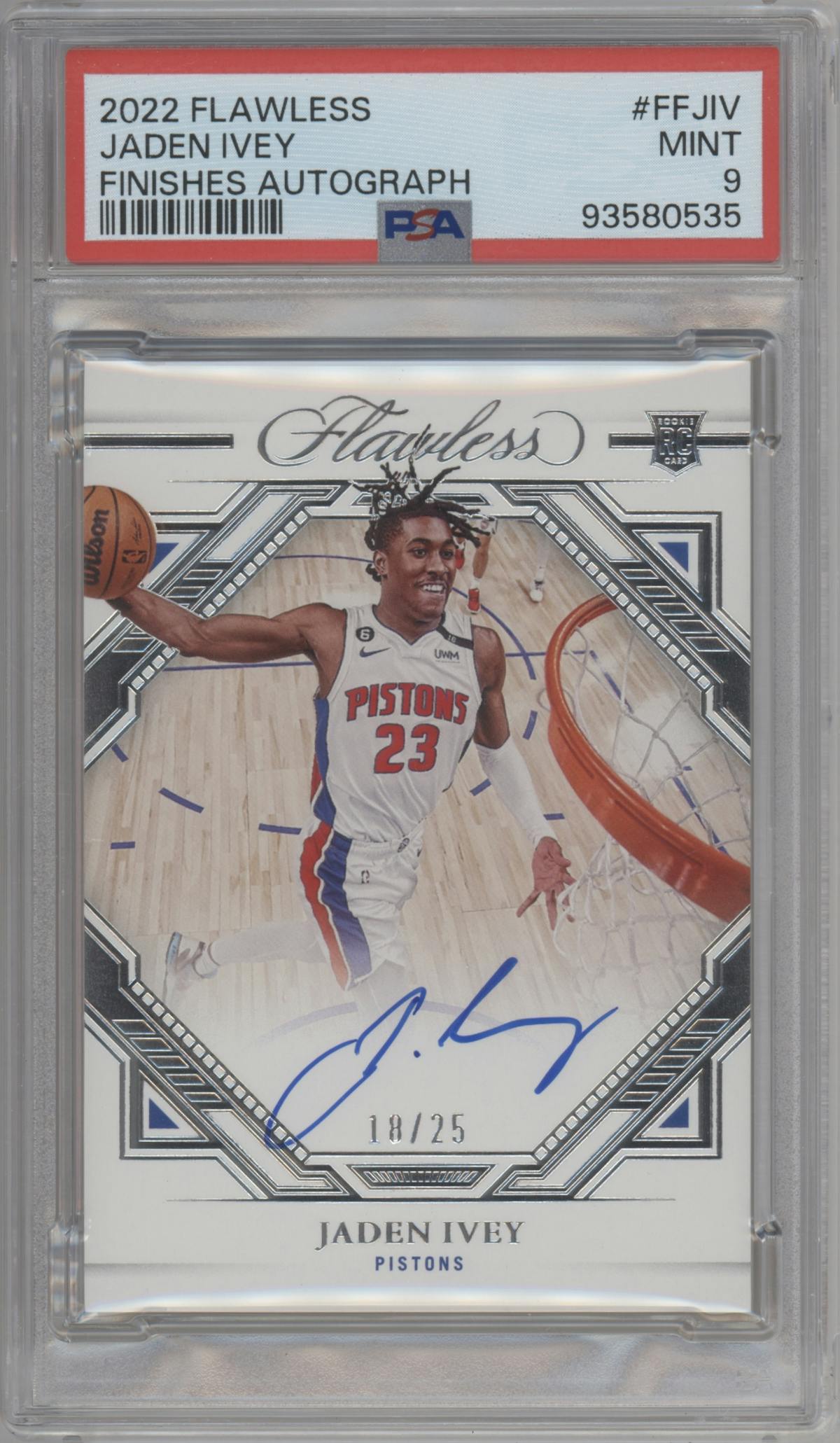 Jaden Ivey from the 2022-23 Panini Flawless set graded by PSA and given an overall grade of 9.