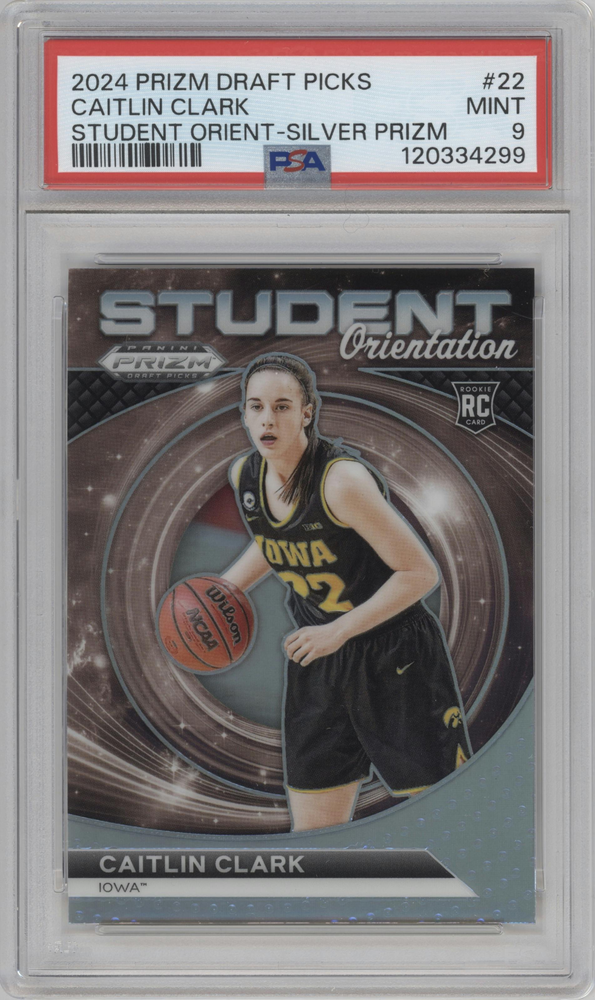Caitlin Clark from the 2024 Panini Prizm Draft Picks set featuring a Silver Prizm parallel graded by PSA and given an overall grade of 9.