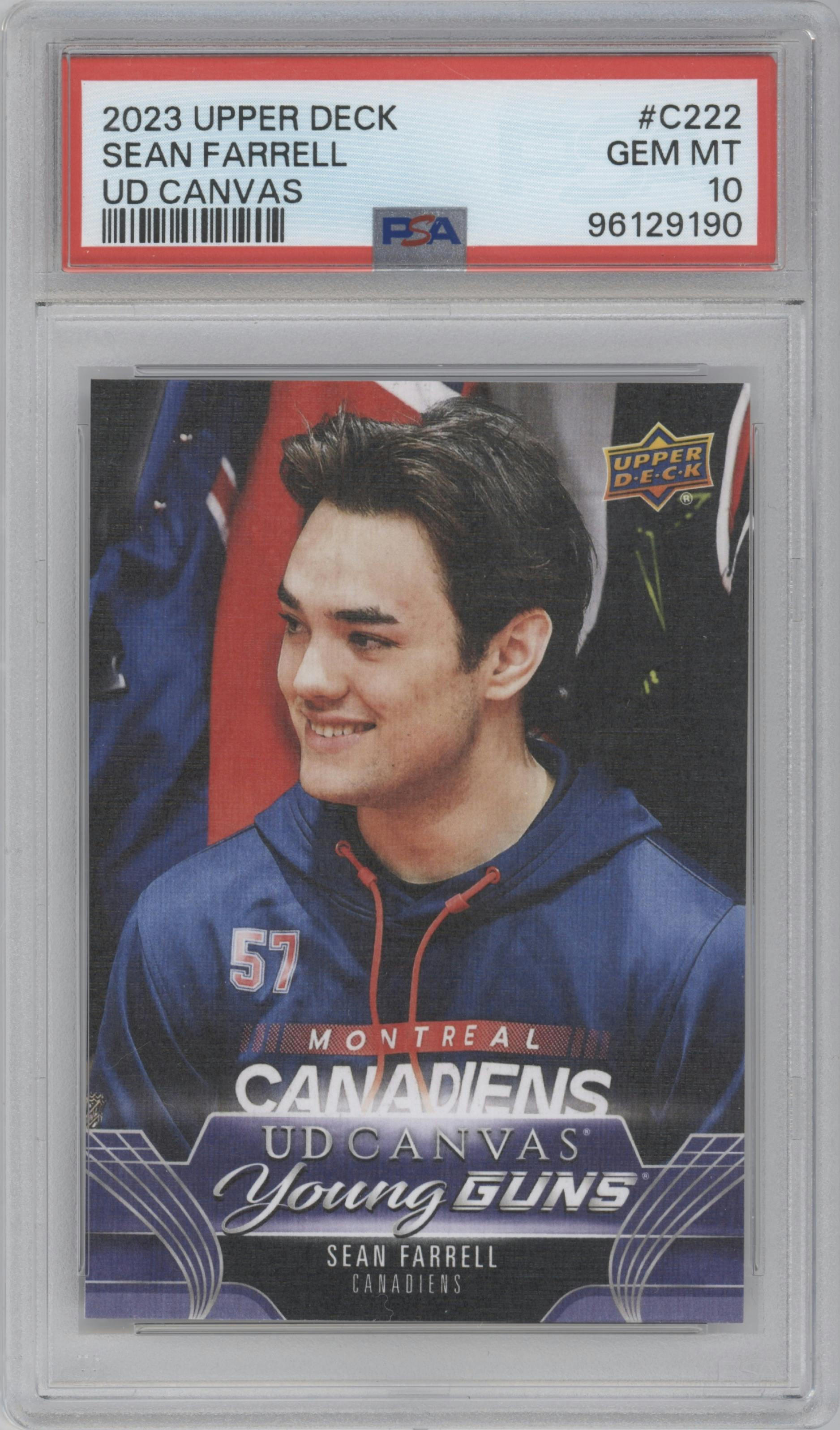 Sean Farrell from the 2023-24 Upper Deck Series 2 set graded by PSA and given an overall grade of 10.