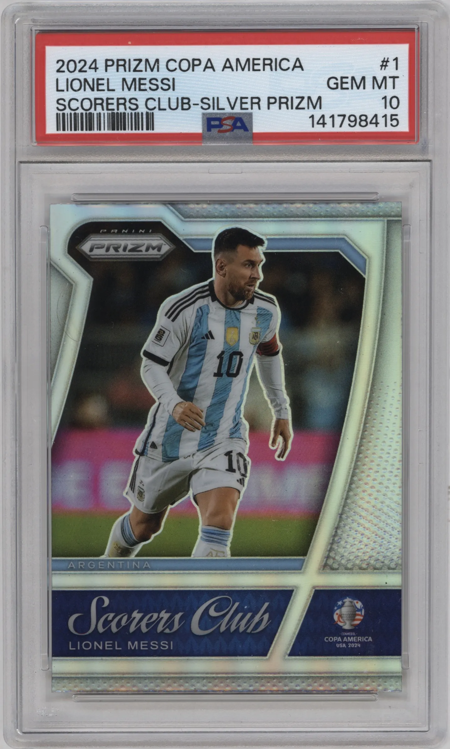2024 Panini Prizm CONMEBOL Copa America Scorers Club Lionel Messi Silver PSA 10