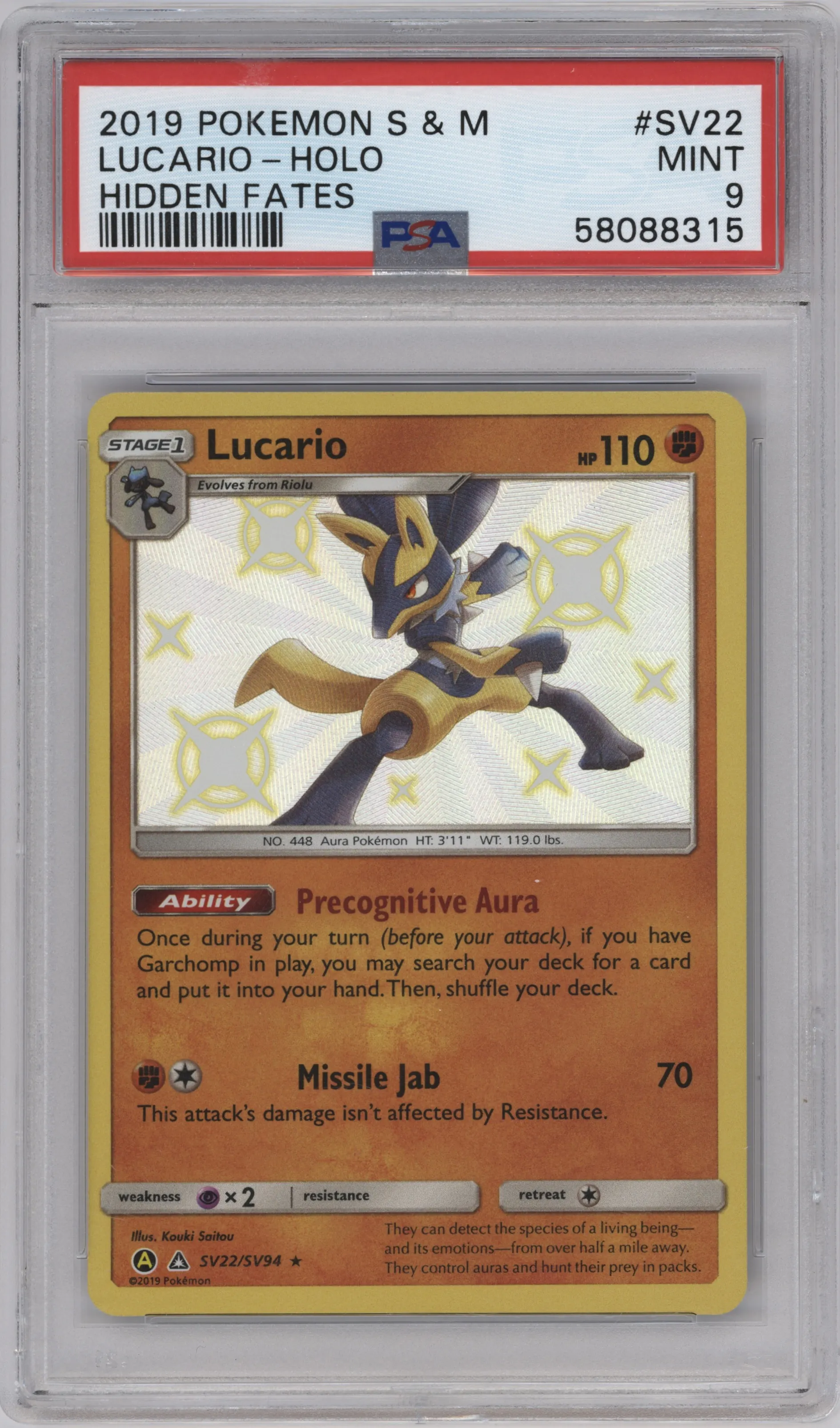 Lucario from the 2019 Pokemon S&M  set graded by PSA and given an overall grade of 9.