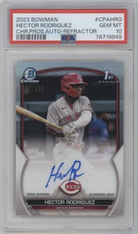 Hector Rodriguez from the 2023 Bowman  set featuring a Refractor parallel graded by PSA and given an overall grade of 10.