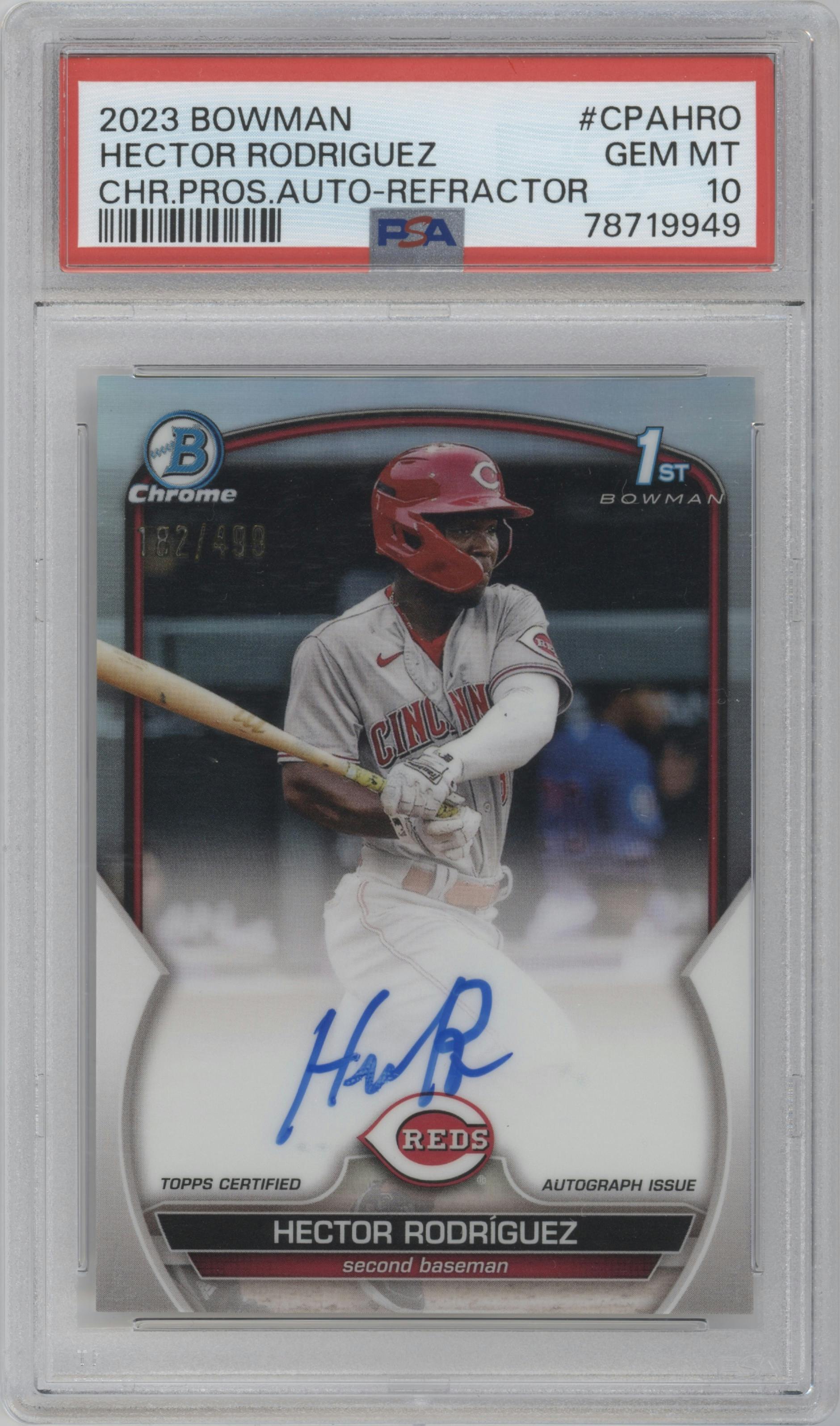 Hector Rodriguez from the 2023 Bowman  set featuring a Refractor parallel graded by PSA and given an overall grade of 10.