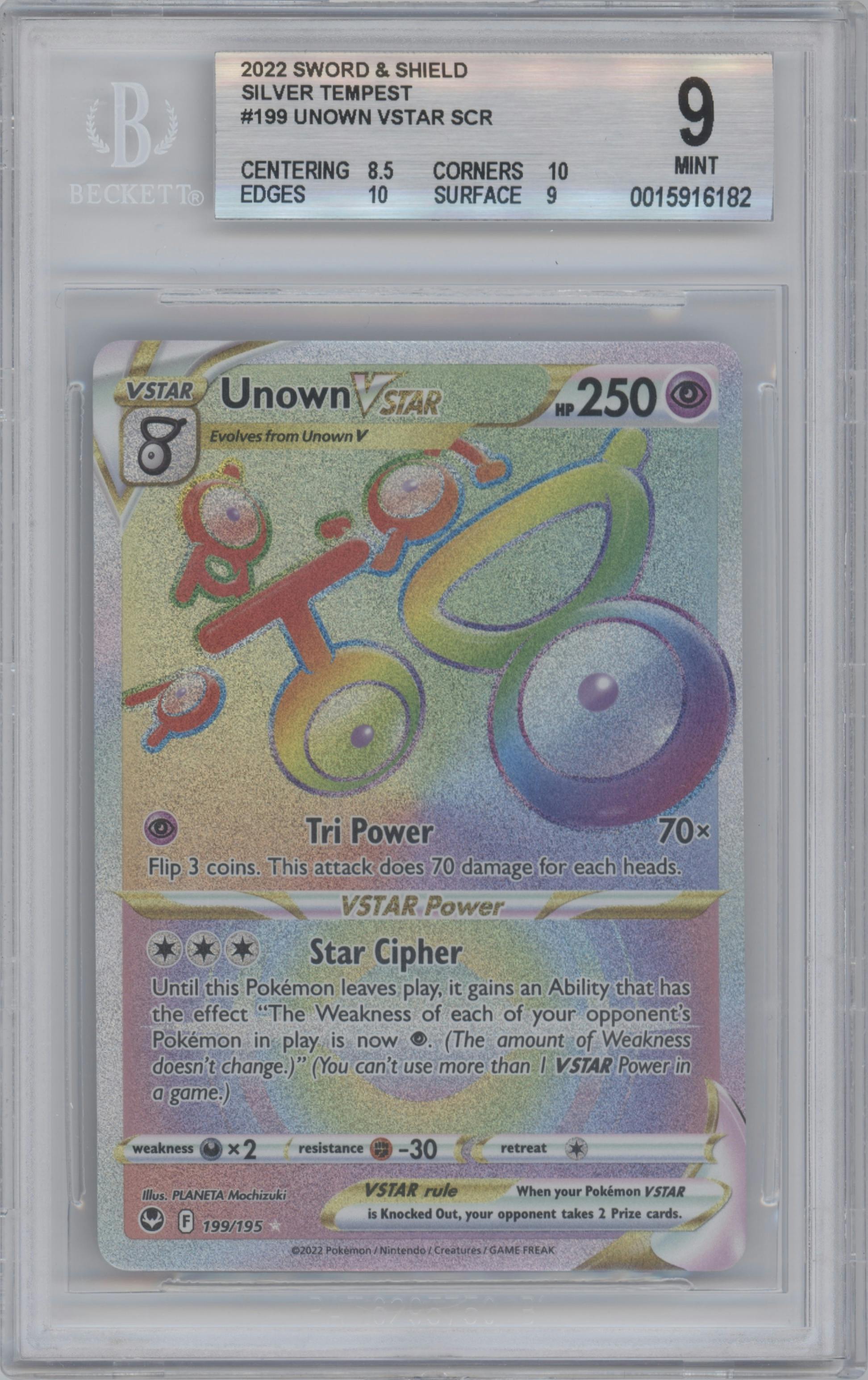Unown VSTAR from the 2022 Pokemon SWSH set graded by Beckett and given an overall grade of 9.