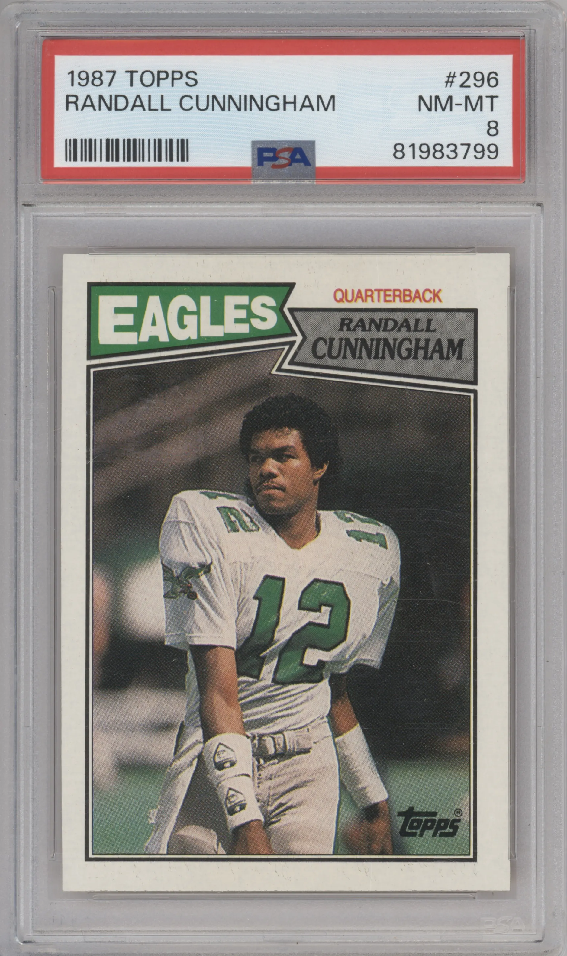 Randall Cunningham from the 1987 Topps set graded by PSA and given an overall grade of 8.